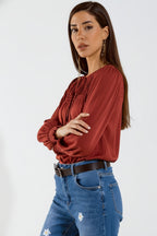 Chic Red Satin Shirt with Lace