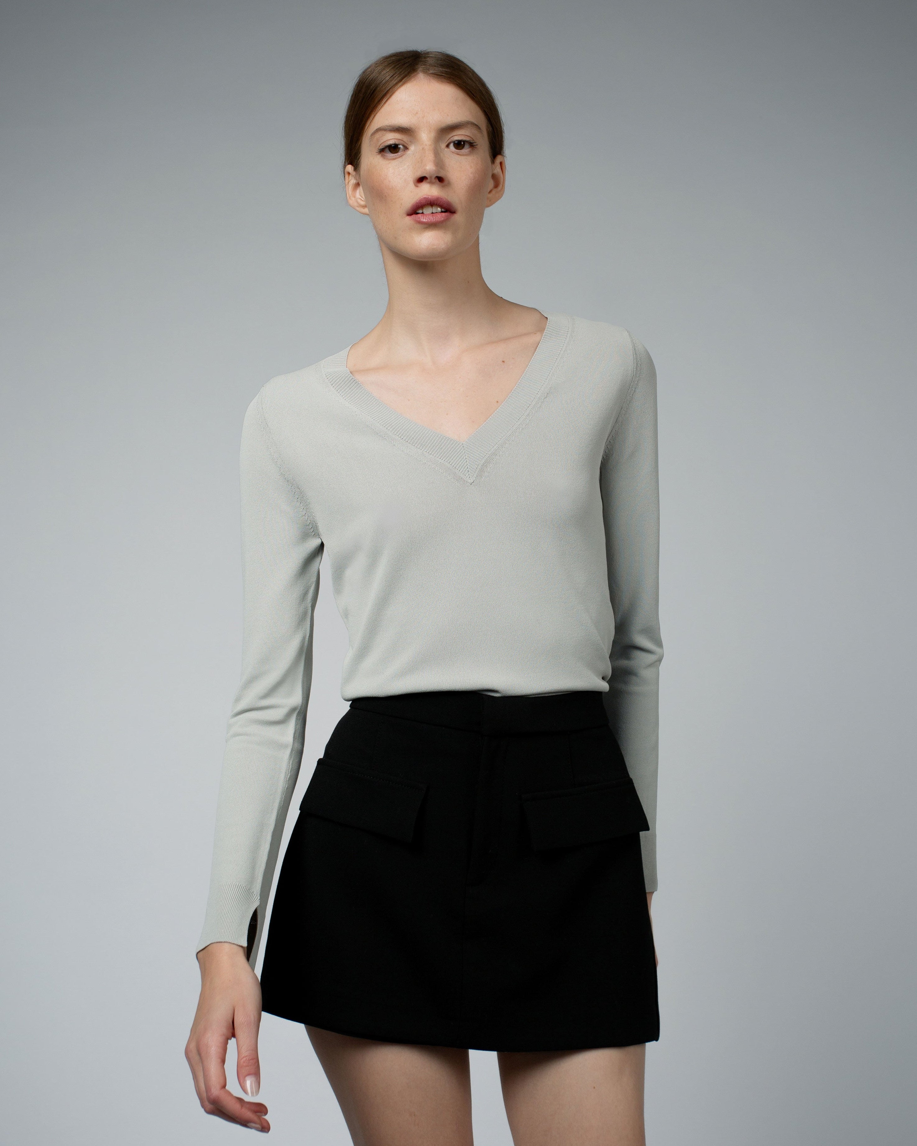 LIVIA Long Sleeve V-Neck Viscose Sweater | Smoke