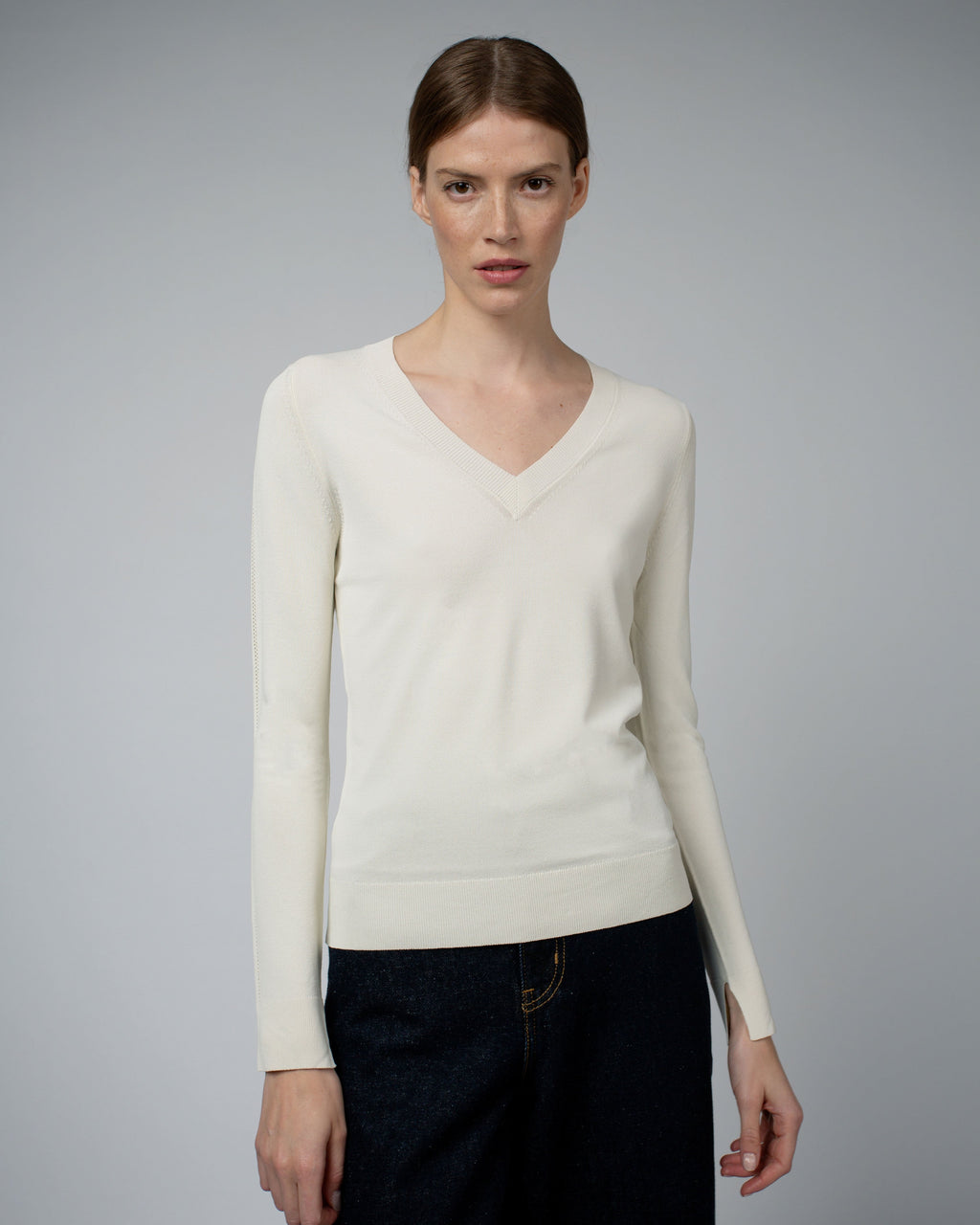 Livia Long Sleeve V-Neck Viscose Sweater | Cream