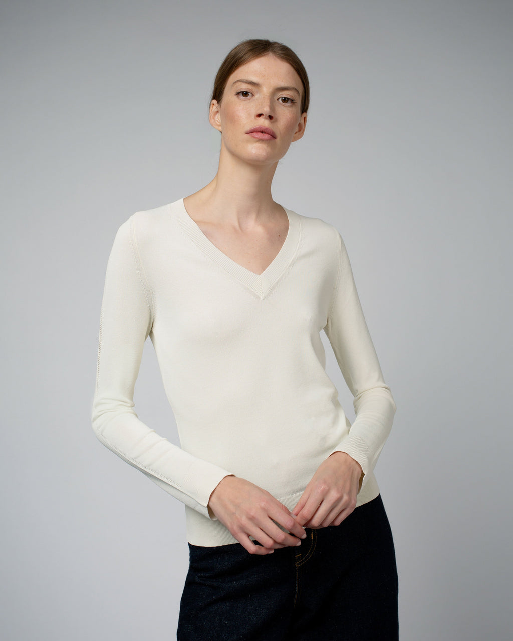 Livia Long Sleeve V-Neck Viscose Sweater | Cream