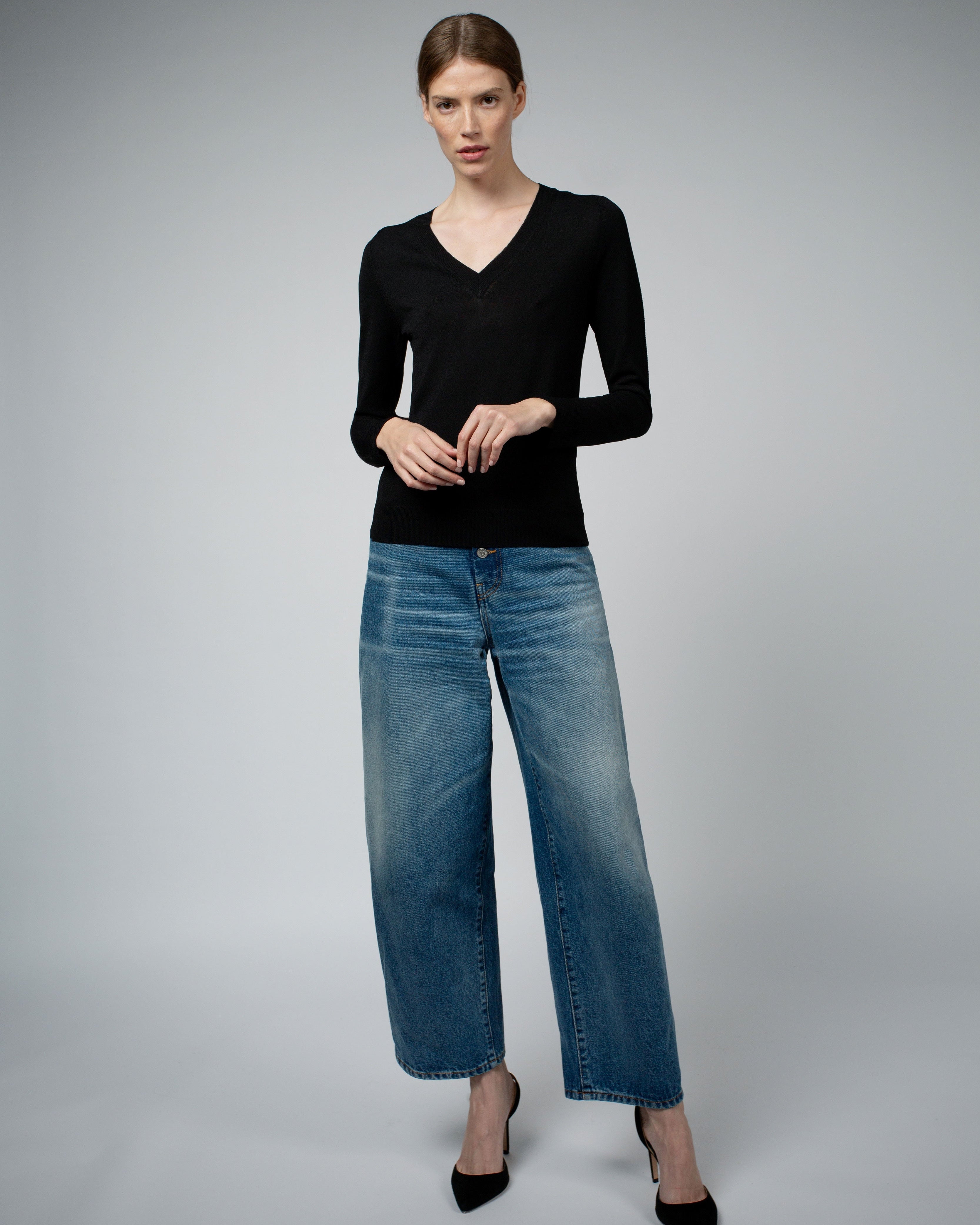 LIVIA Long Sleeve V-Neck Viscose Sweater | Black