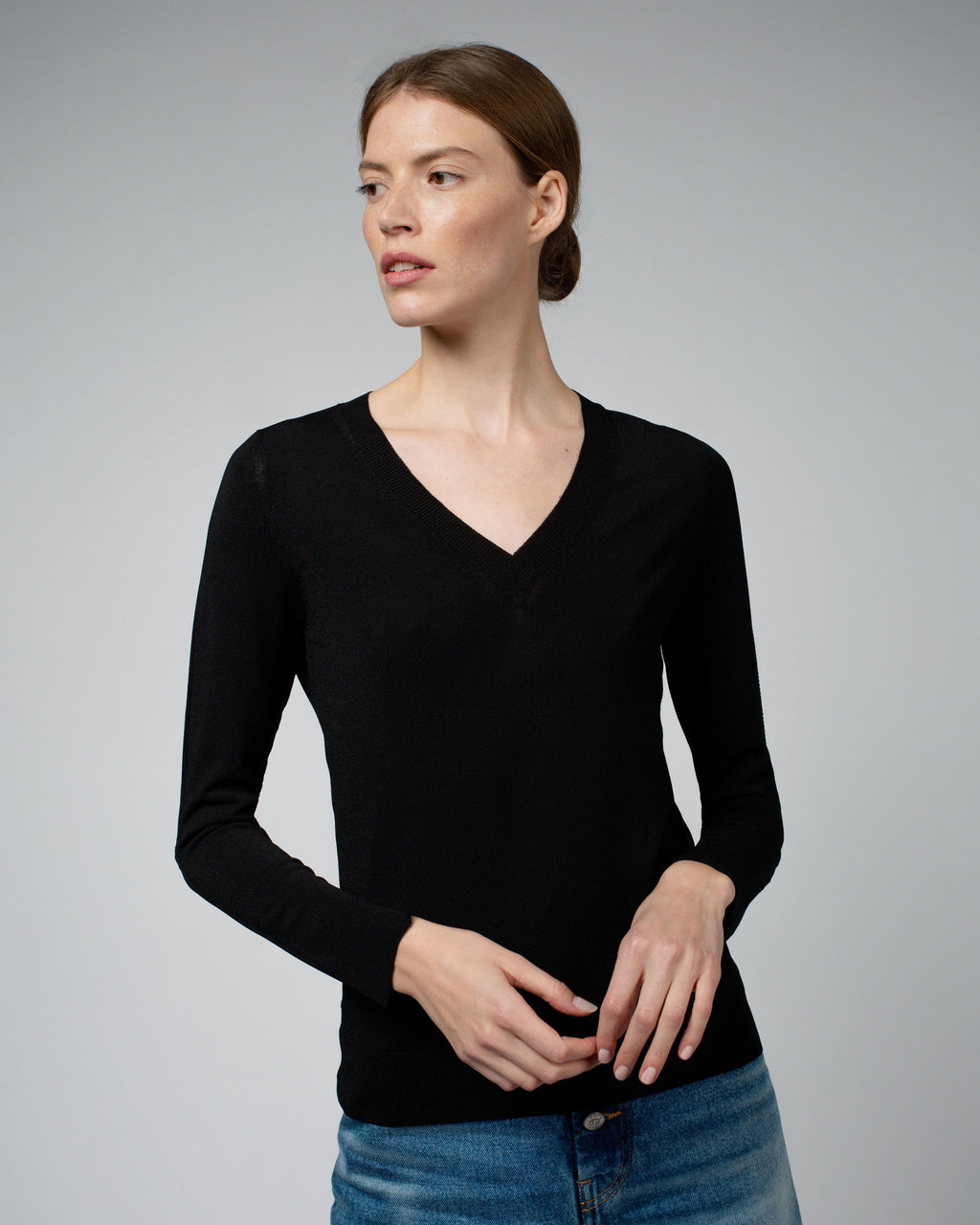 LIVIA Long Sleeve V-Neck Viscose Sweater | Black