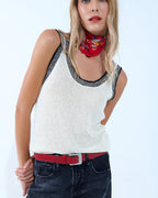 Cream Knit Tank Top with Black Trim