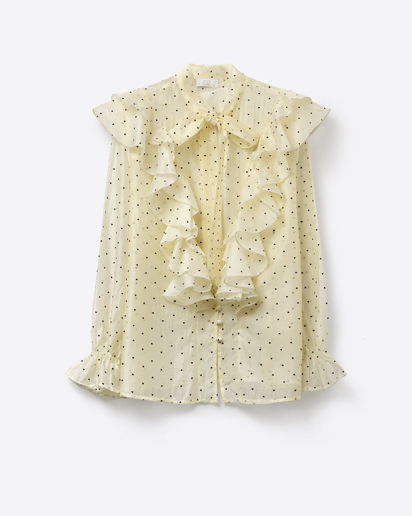 Cream Polka Dot Ruffle Front Blouse with Frilled Cuffs