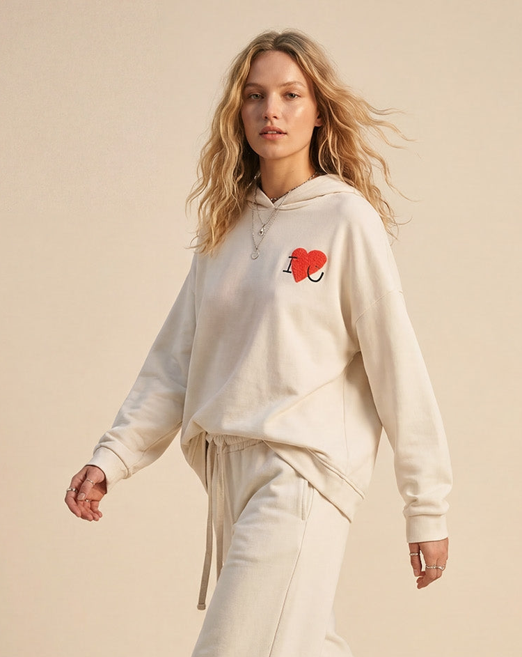Cream Super-Soft Hoodie with Bouclé Heart Graphic