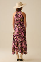 Crossed Halter Neck Midi Dress in Pink and Black Animal Print