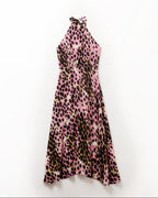 Crossed Halter Neck Midi Dress in Pink and Black Animal Print