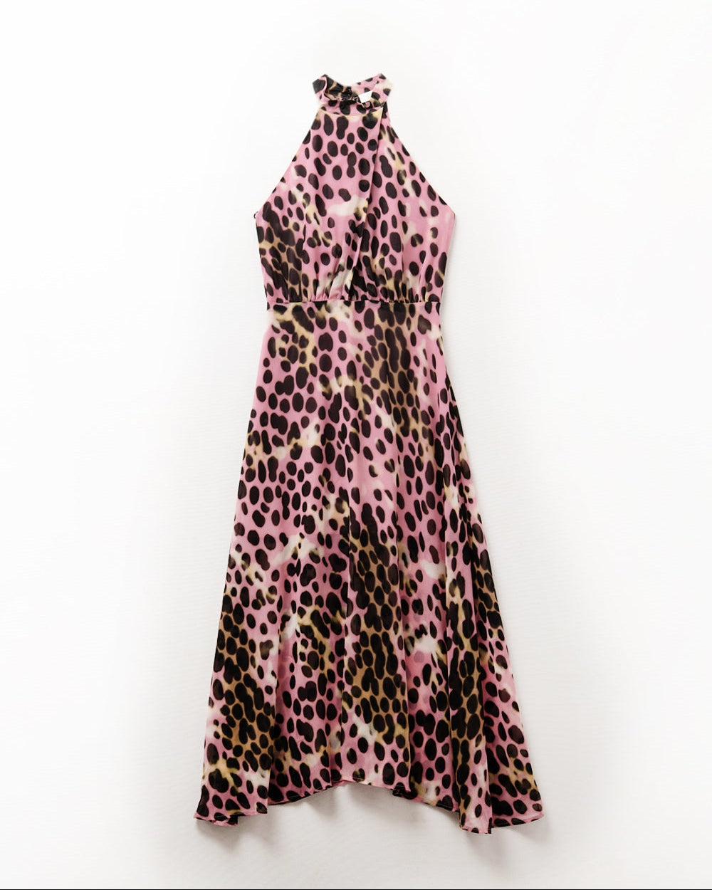 Crossed Halter Neck Midi Dress in Pink and Black Animal Print