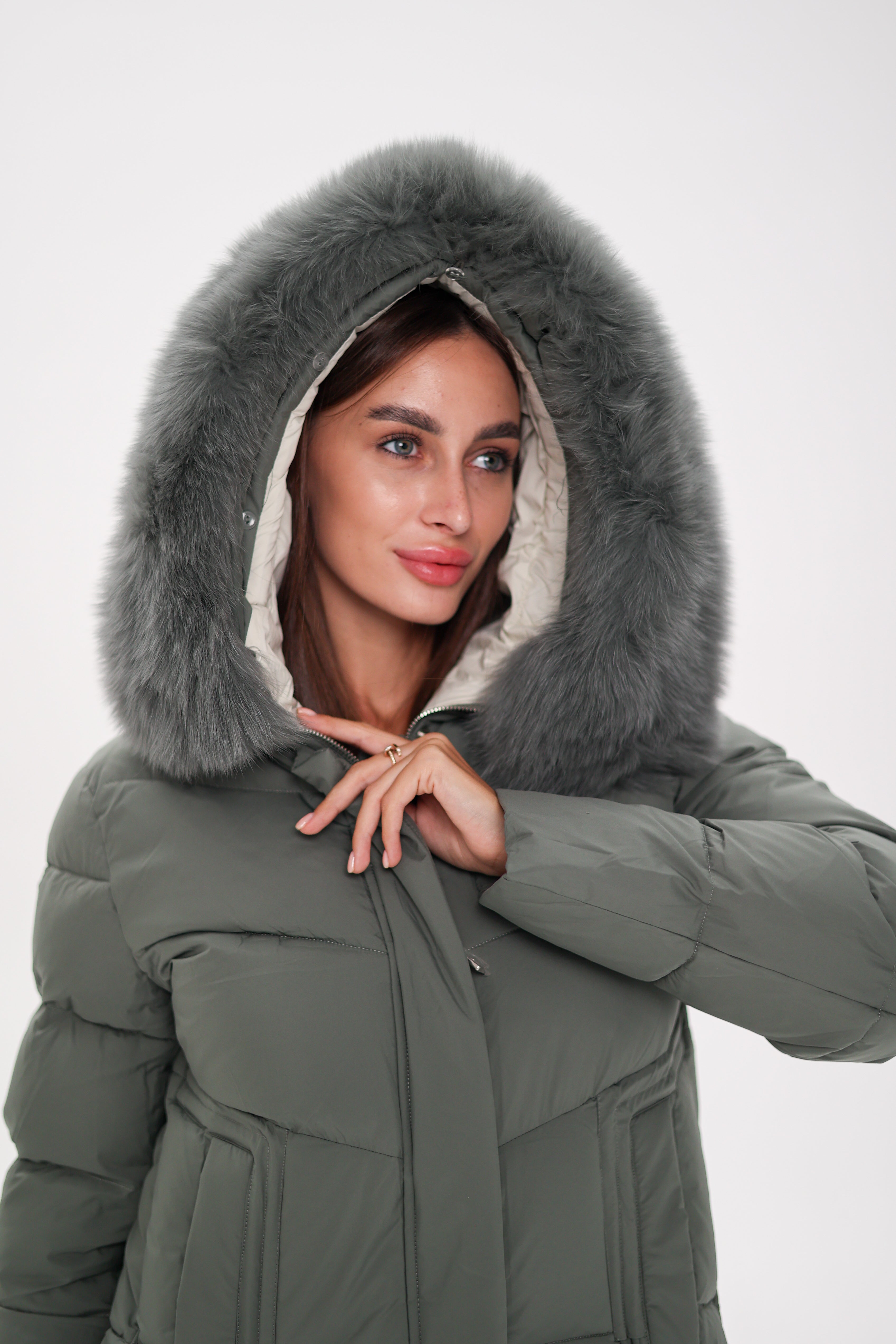 Genuine Polar Fox Trim Bio Down Coat | Sage