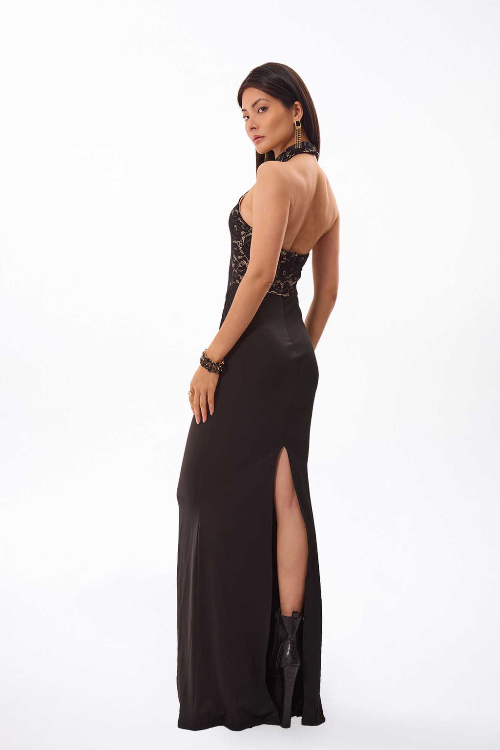 Halter Lace Maxi Dress | Black