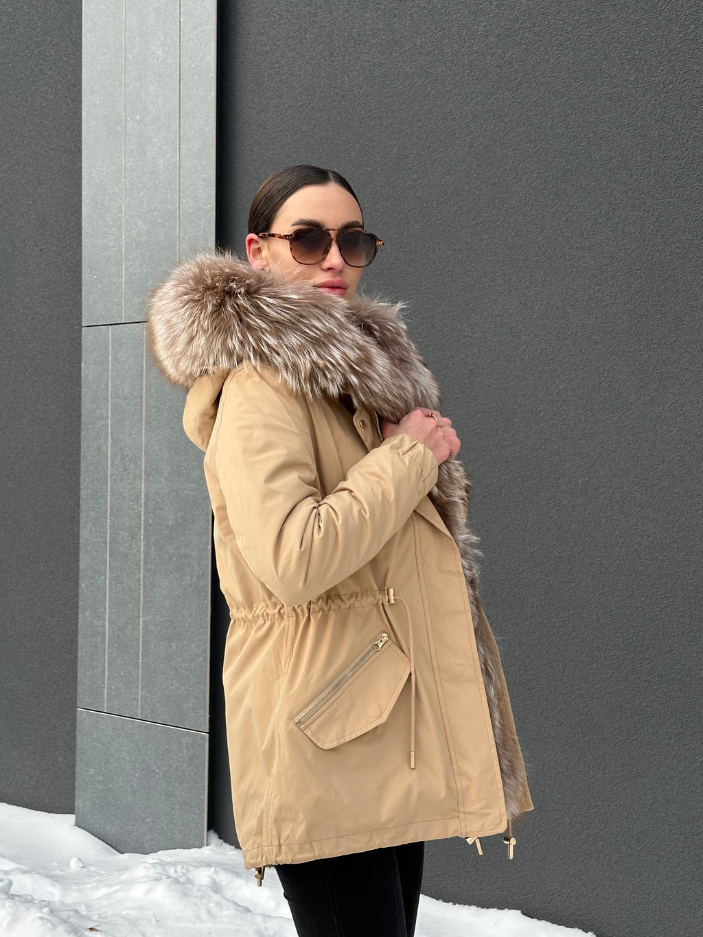 Genuine Silver Fur Trim Parka with Rabbit Fur Insulation Khaki