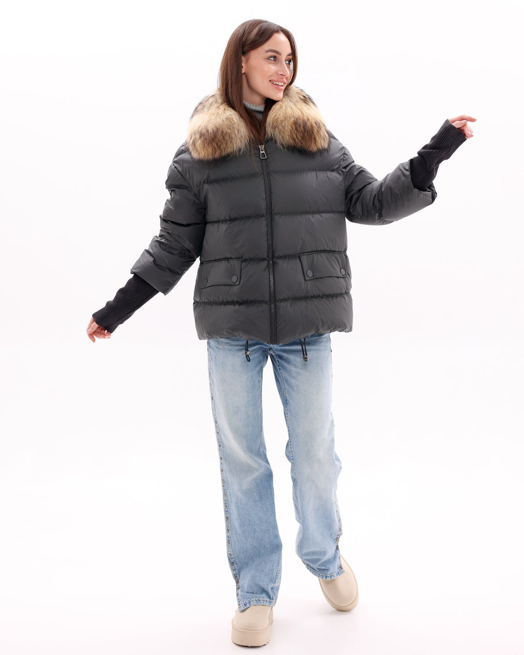 Genuine Fur Trim Down Fill Coat in Black