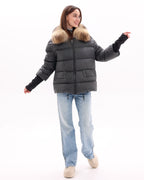 Genuine Fur Trim Down Fill Coat in Black