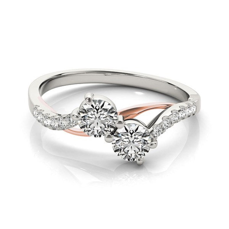 Two Stone Diamond Ring with Curved Band in 14K White & Rose Gold (5/8 cttw)