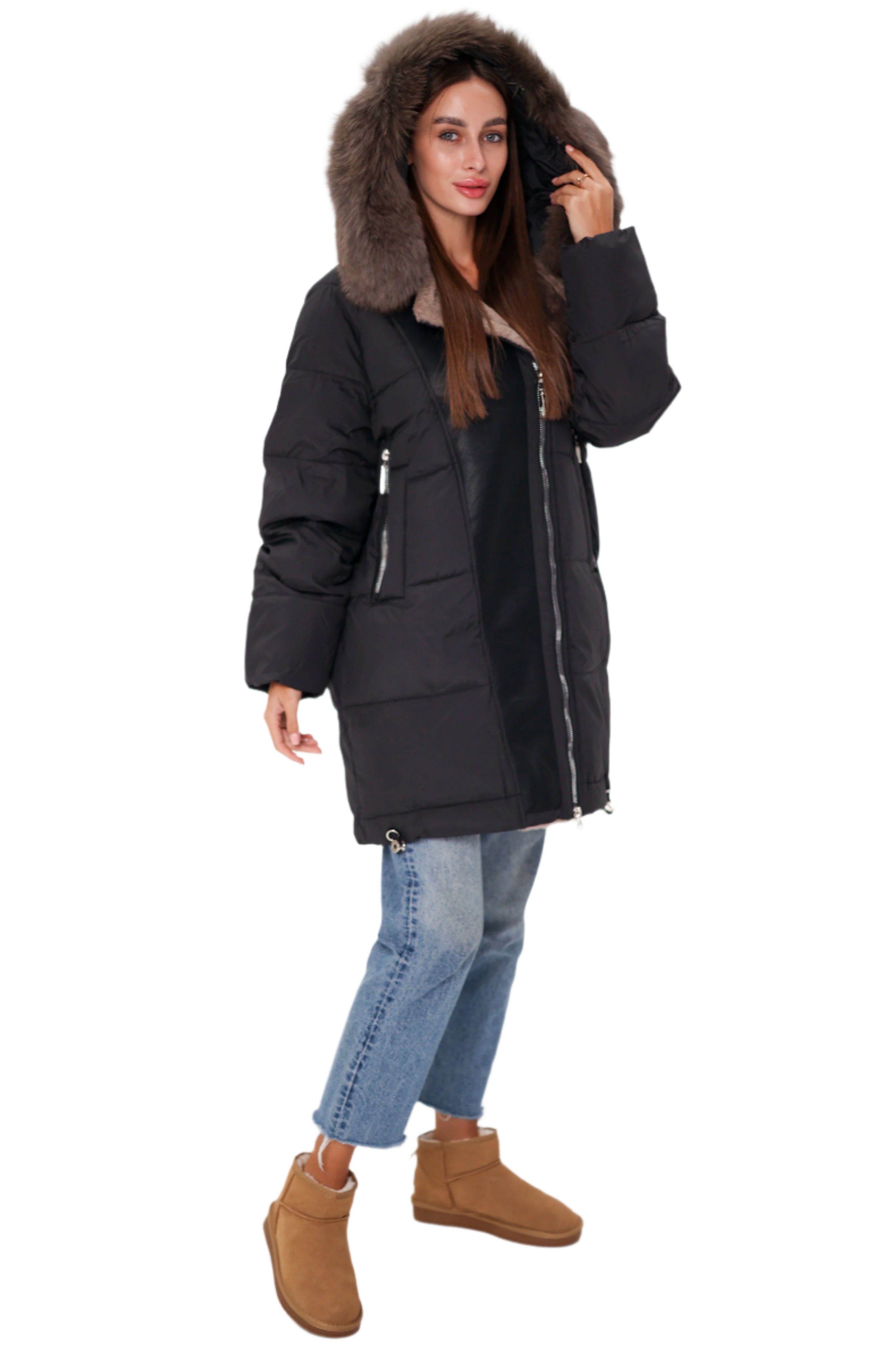Genuine Polar Fox Insulated Coat | Black