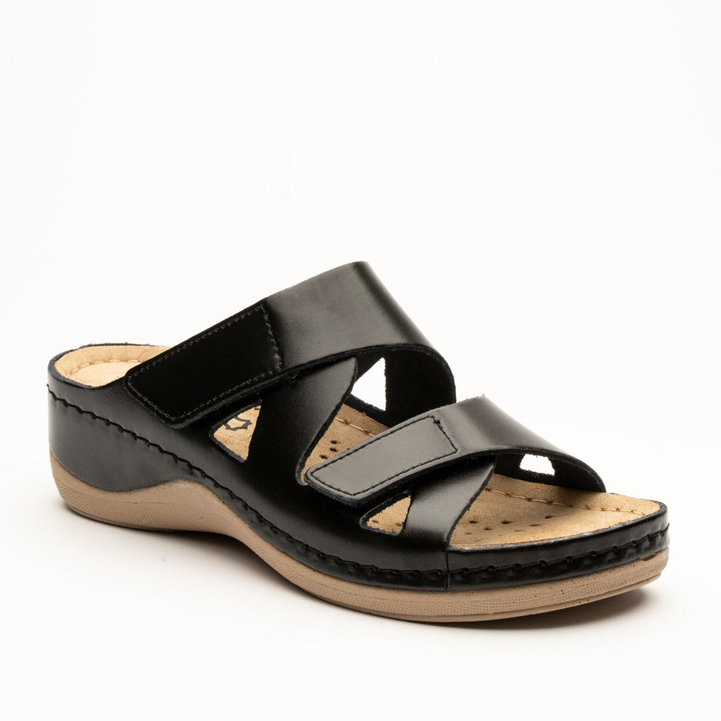 Laura by LEON Women’s Leather Sandal | Comfort Slide Slip-On with Velcro Straps