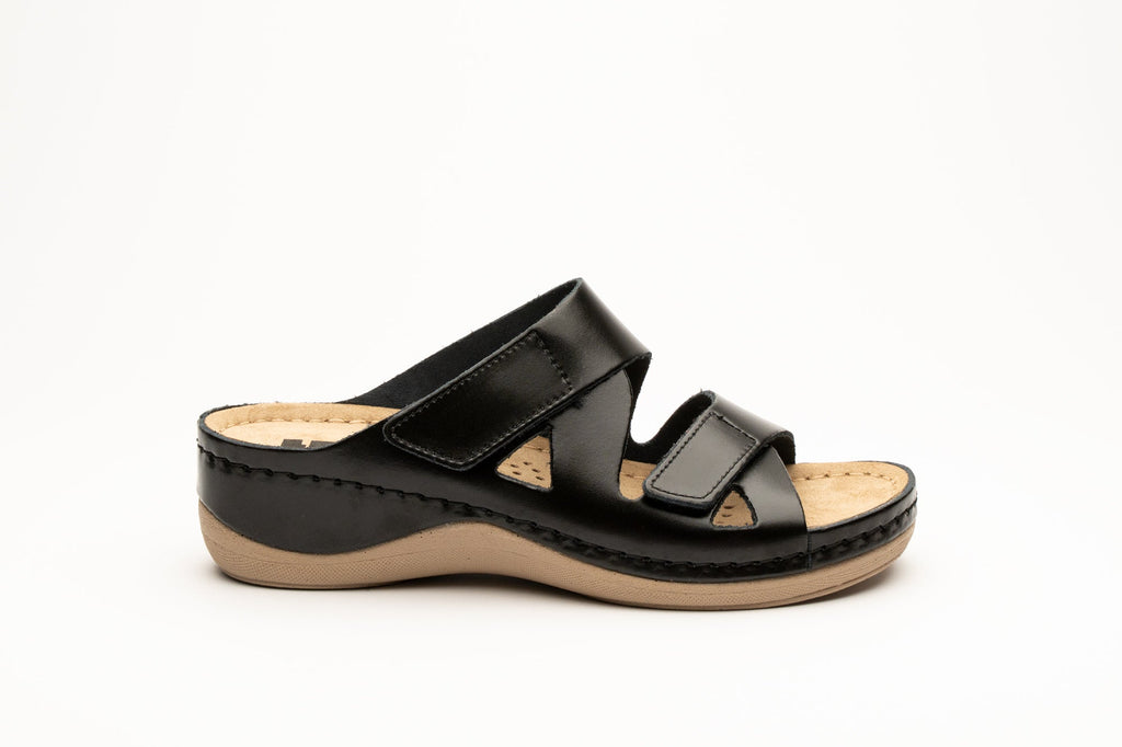 Laura by LEON Women’s Leather Sandal | Comfort Slide Slip-On with Velcro Straps