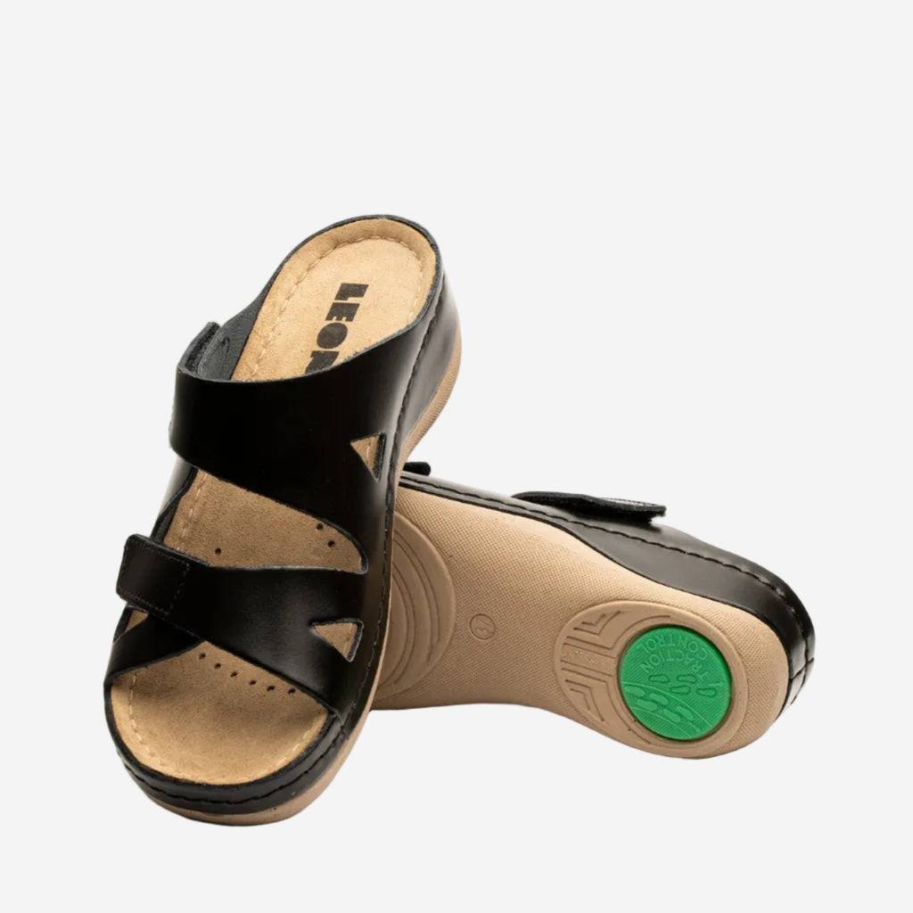 Laura by LEON Women’s Leather Sandal | Comfort Slide Slip-On with Velcro Straps