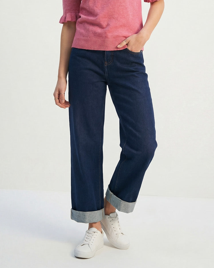 Dark Wash Wide-Leg Denim Jeans with Cuffed Hem
