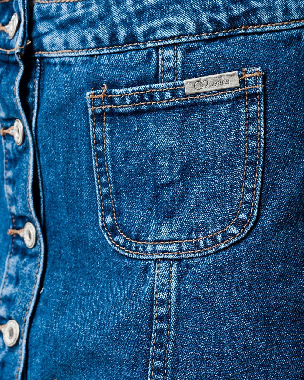 Denim Skirt with Flower Embroidery and Front Buttons