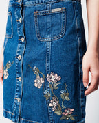 Denim Skirt with Flower Embroidery and Front Buttons