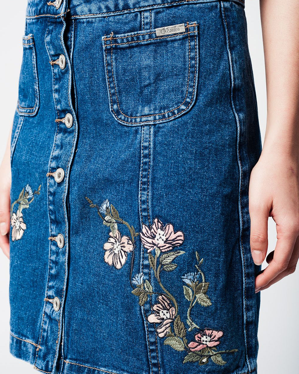 Denim Skirt with Flower Embroidery and Front Buttons