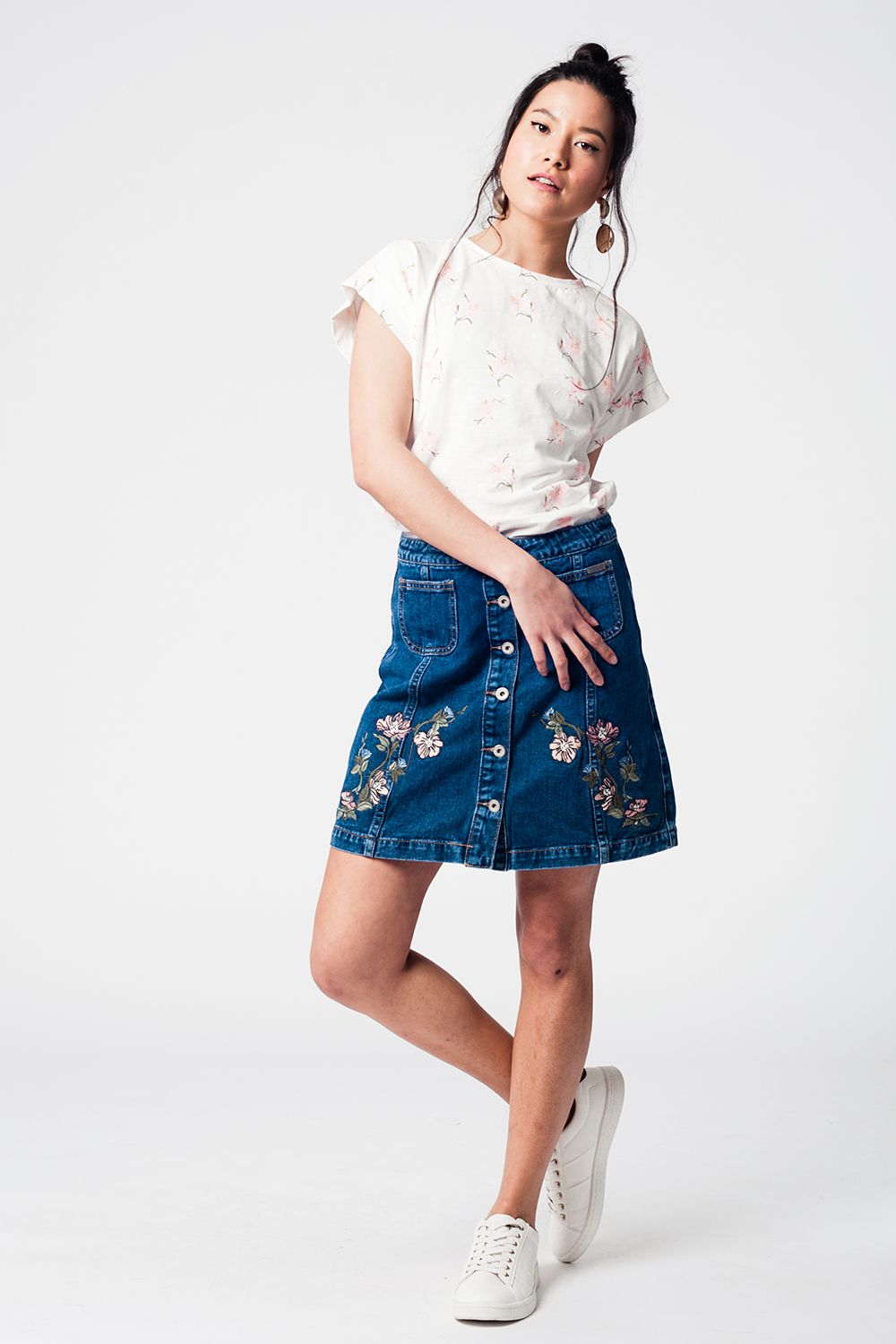 Denim Skirt with Flower Embroidery and Front Buttons