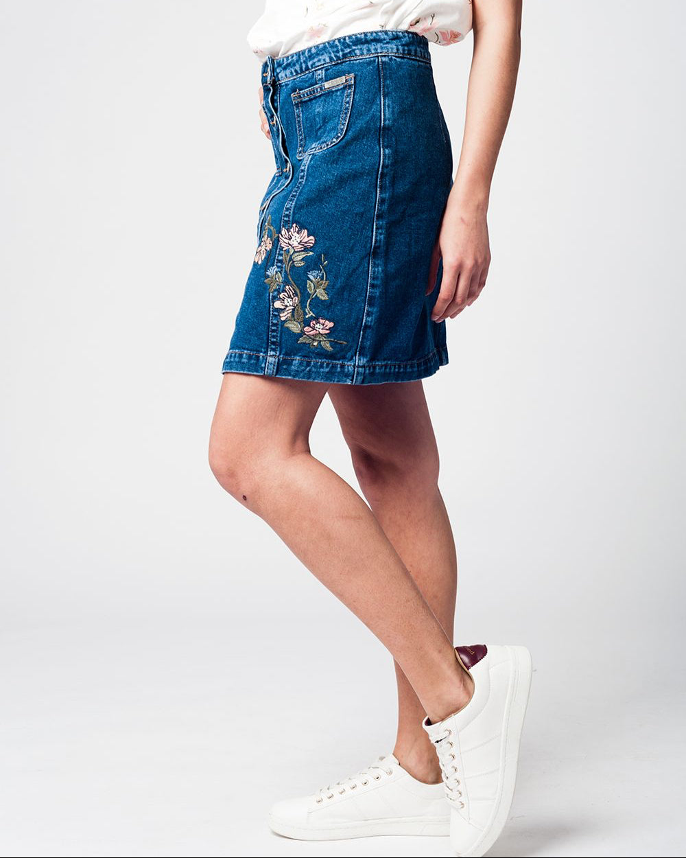 Denim Skirt with Flower Embroidery and Front Buttons