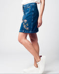 Denim Skirt with Flower Embroidery and Front Buttons