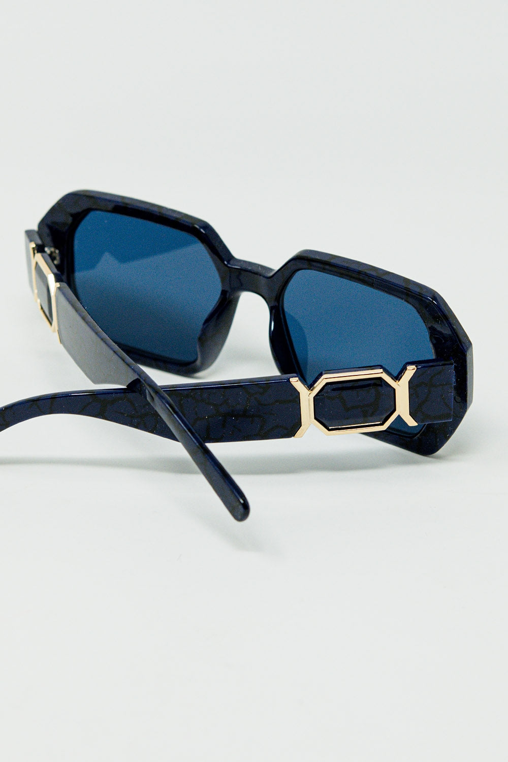 Diamond-Shaped Sunglasses in Black with Deep Blue Lenses