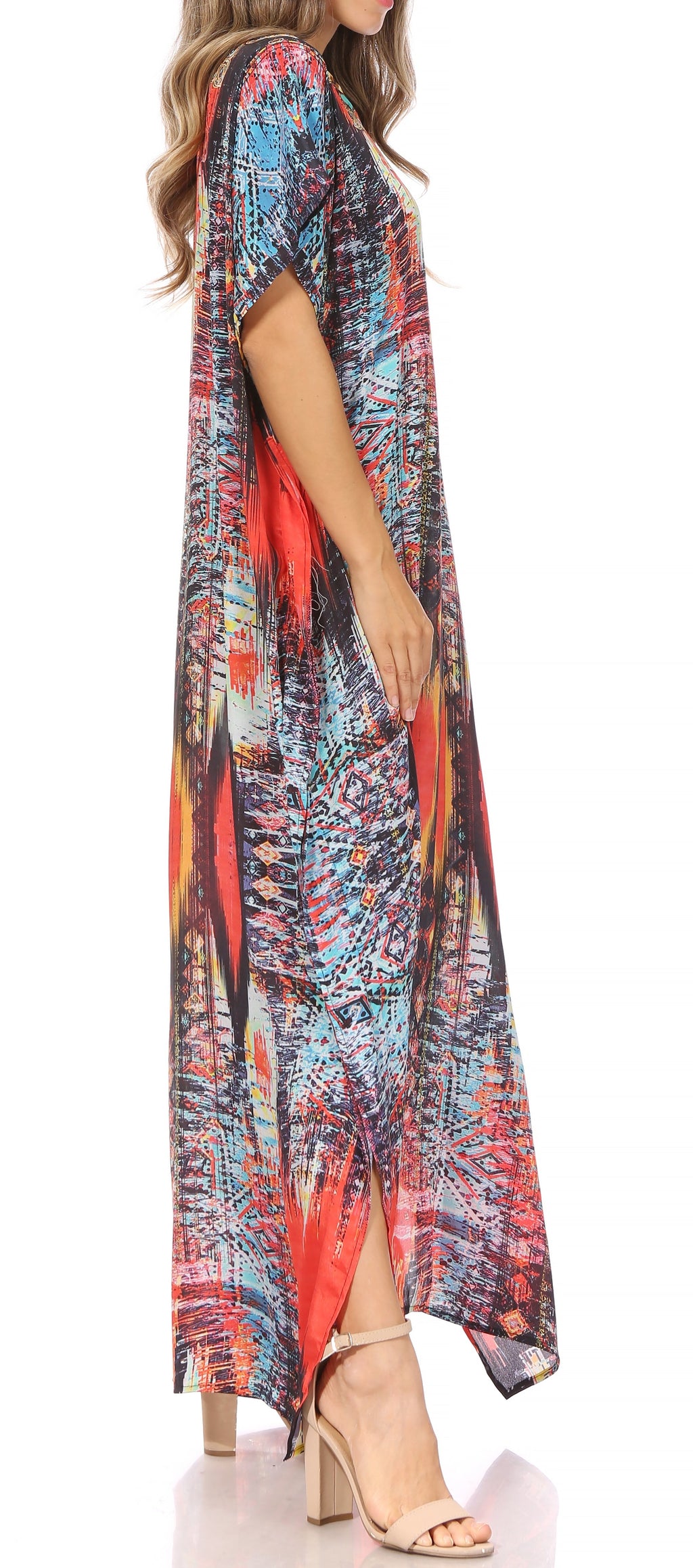 Vicky Women's Casual Short Sleeve Petite Beach Maxi Caftan Dress