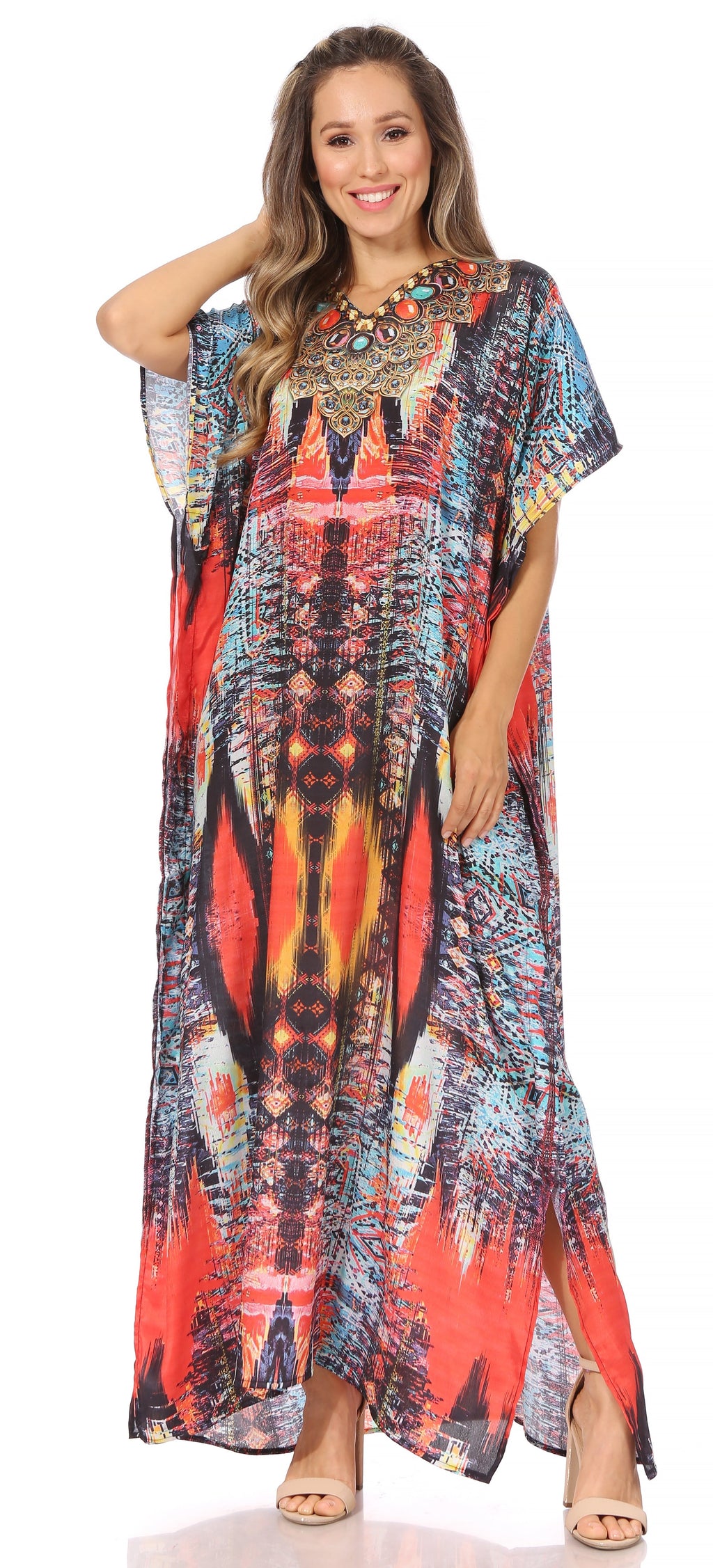 Vicky Women's Casual Short Sleeve Petite Beach Maxi Caftan Dress