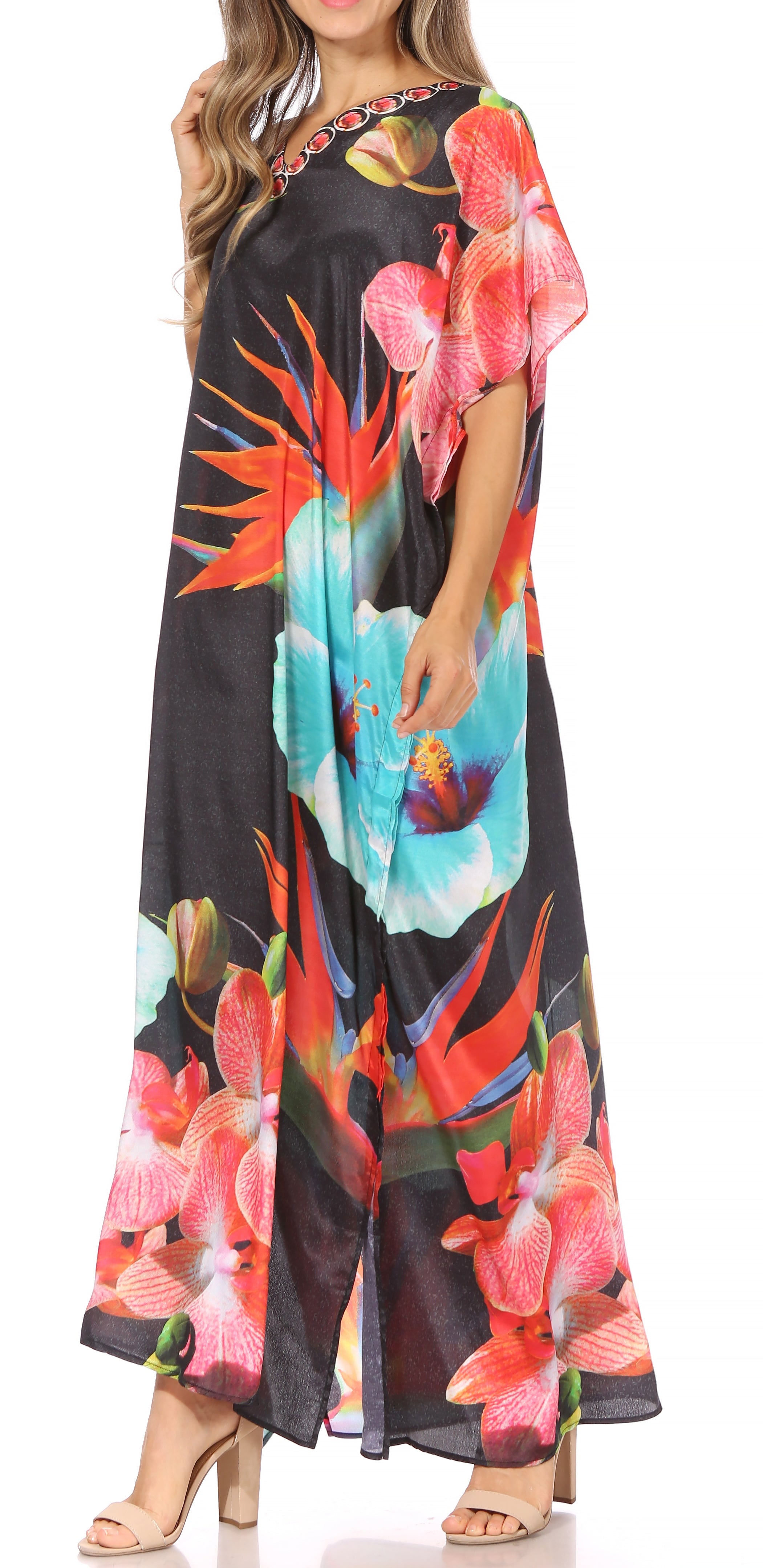 Vicky Women's Casual Short Sleeve Petite Beach Maxi Caftan Dress