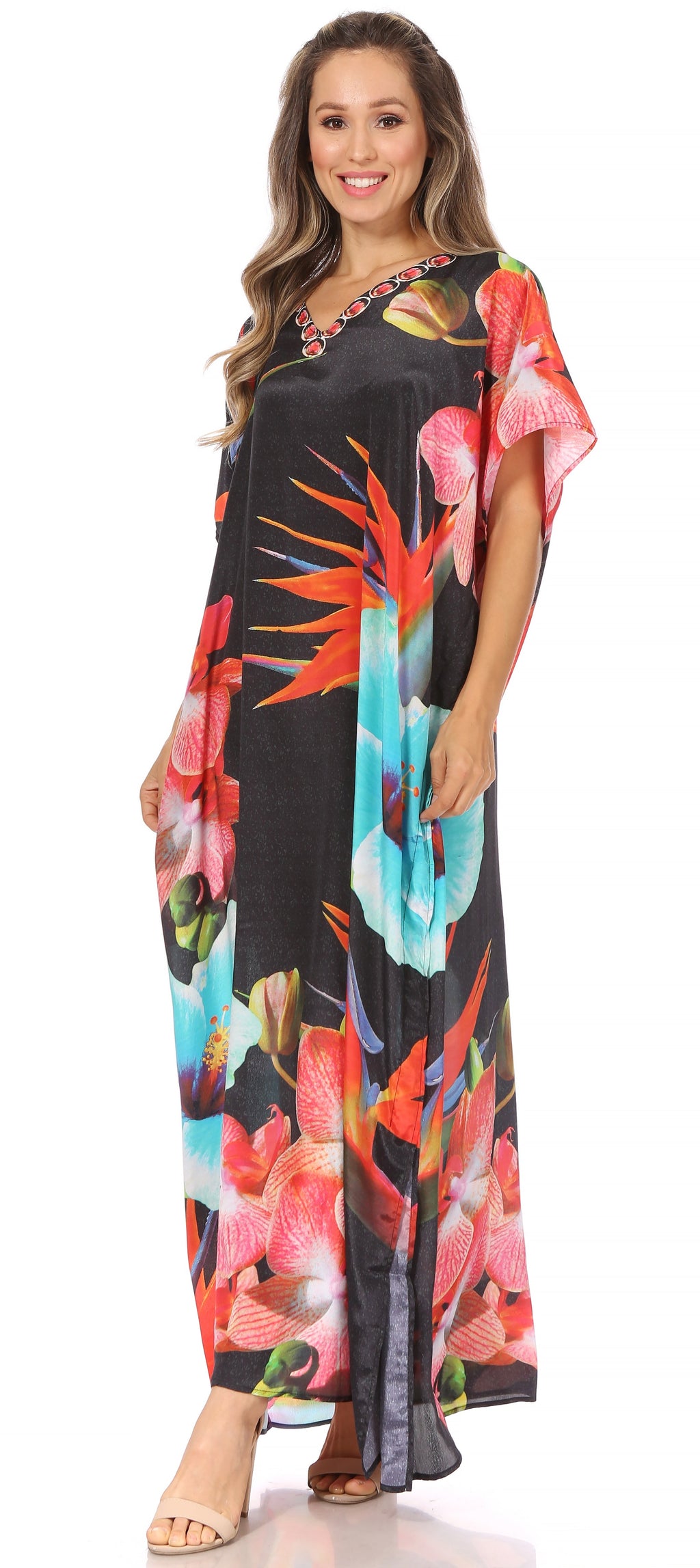 Vicky Women's Casual Short Sleeve Petite Beach Maxi Caftan Dress