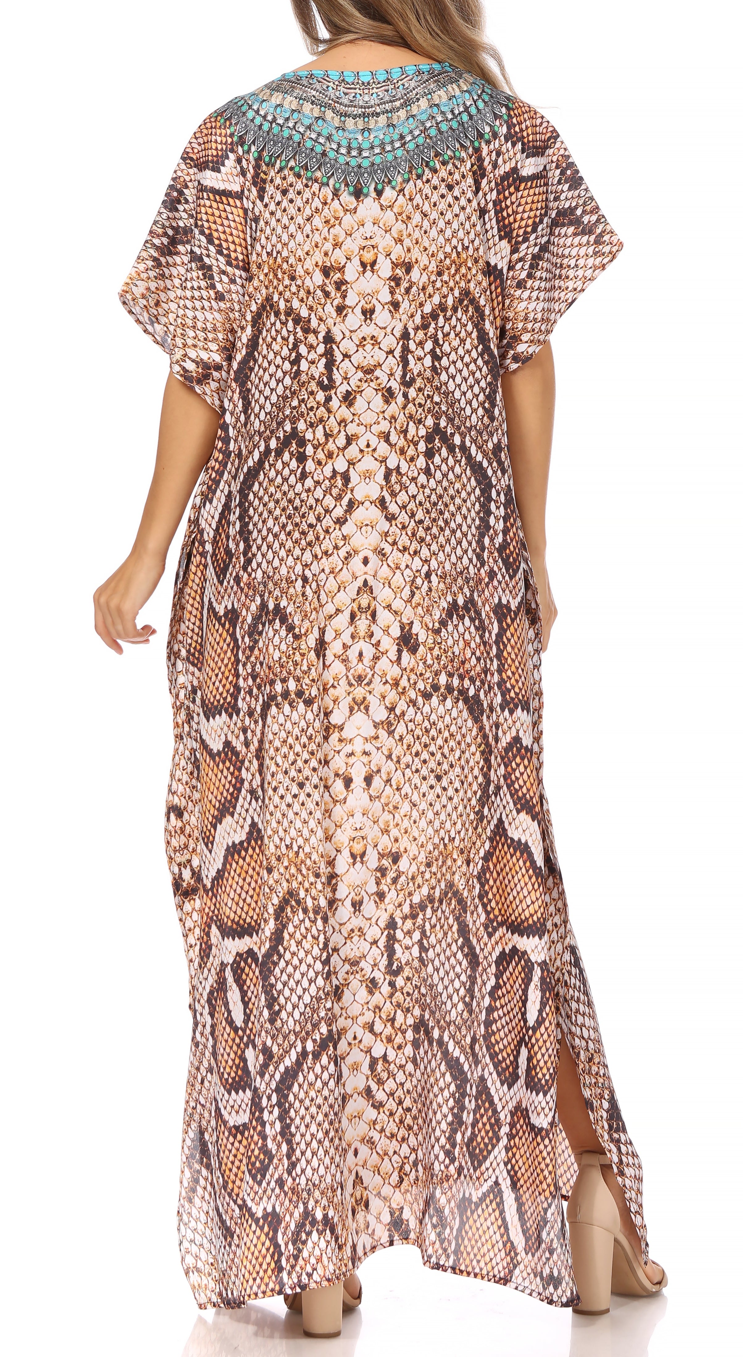 Vicky Women's Casual Short Sleeve Petite Beach Maxi Caftan Dress