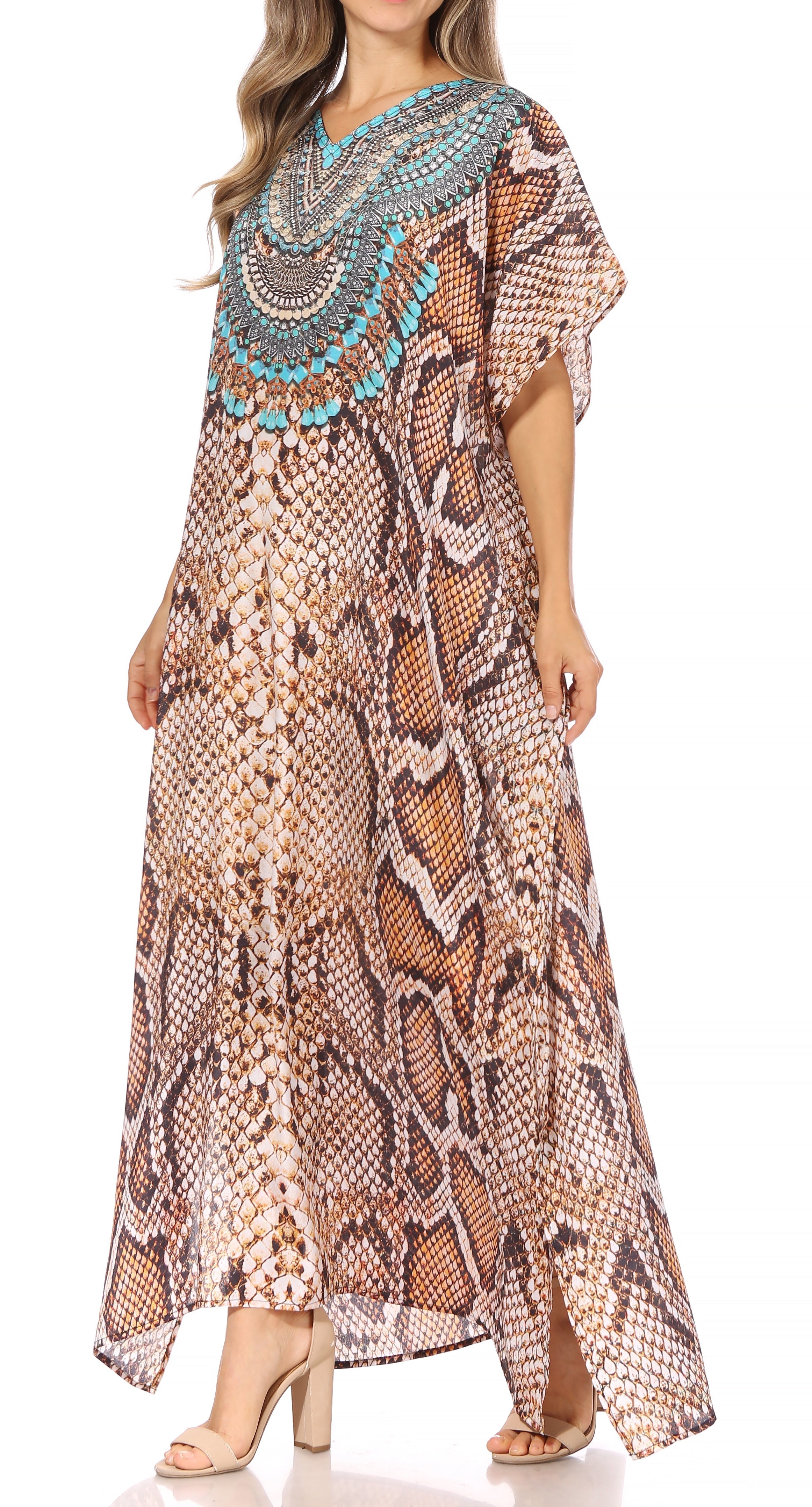 Vicky Women's Casual Short Sleeve Petite Beach Maxi Caftan Dress