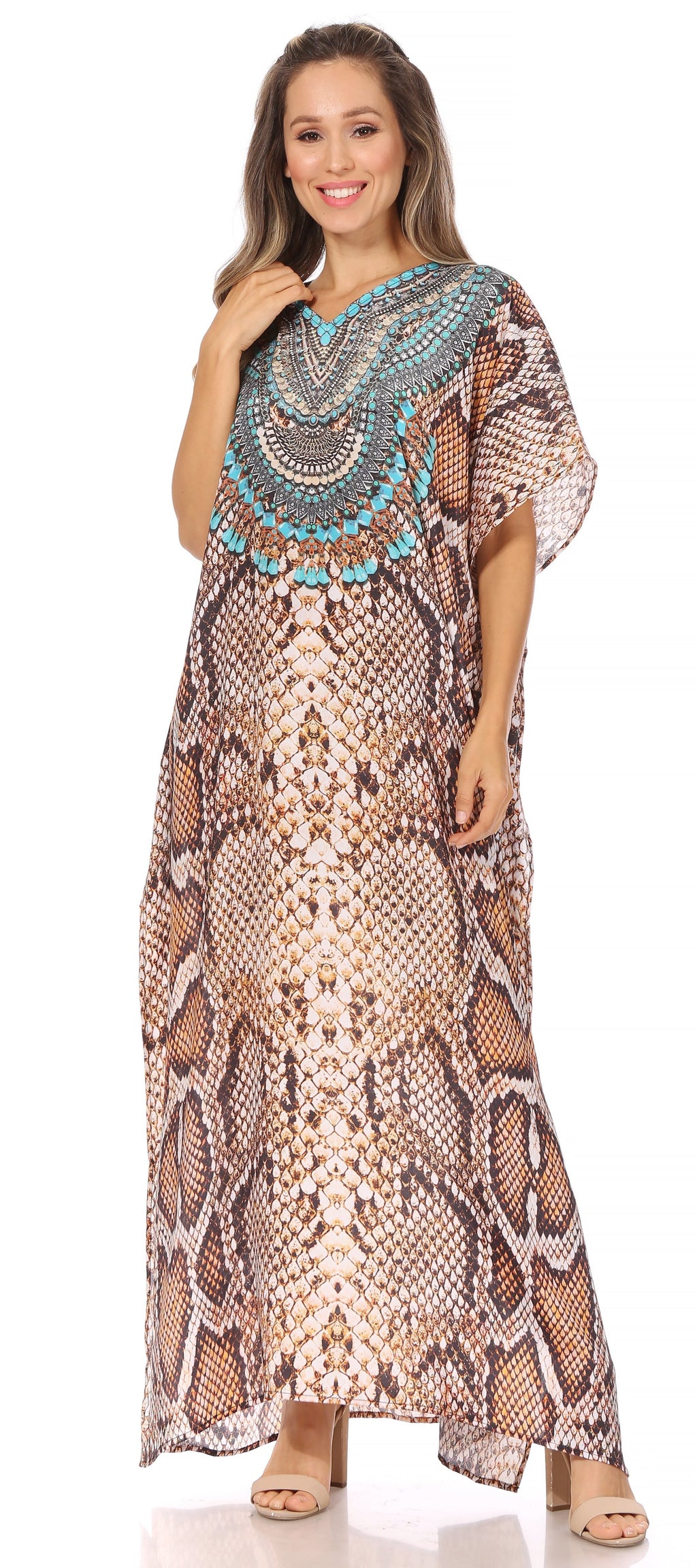 Vicky Women's Casual Short Sleeve Petite Beach Maxi Caftan Dress