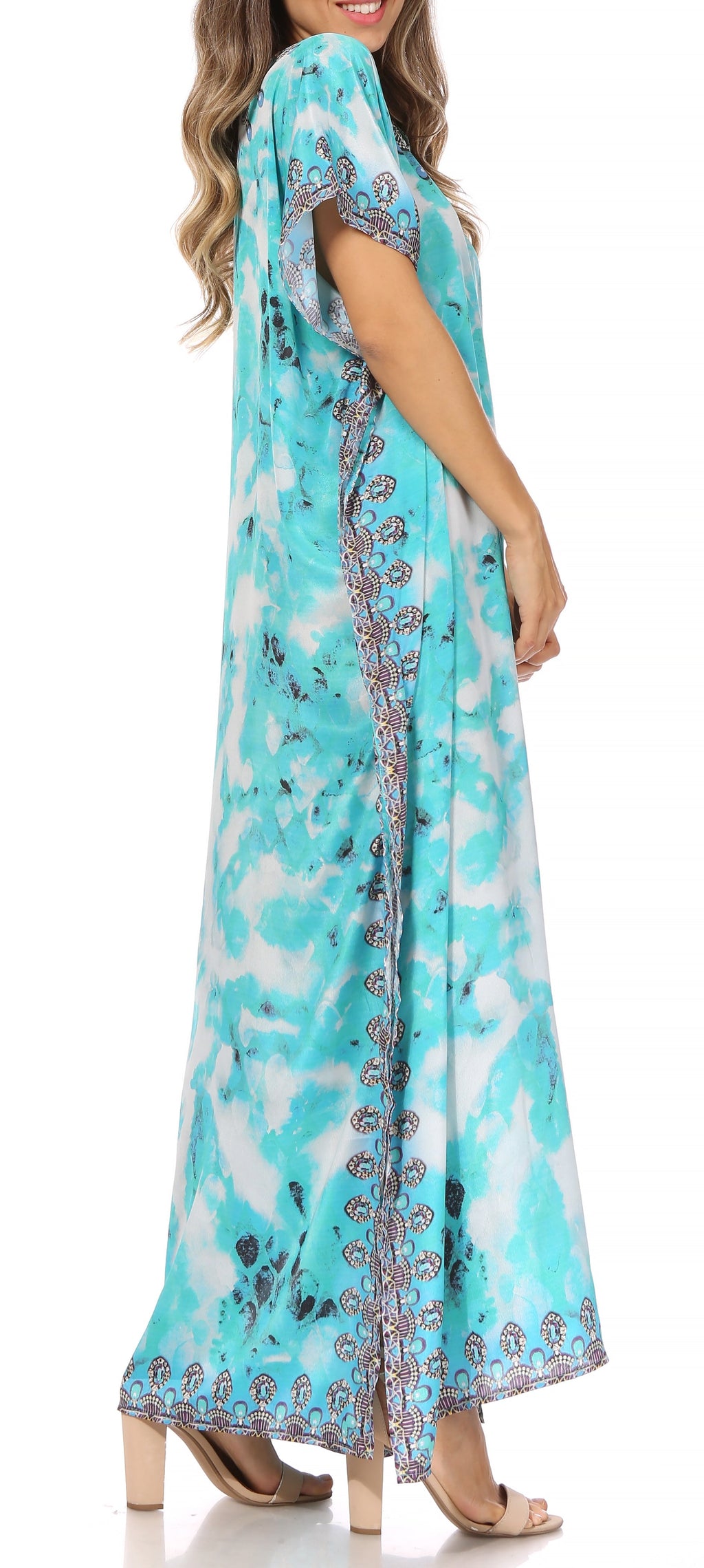Vicky Women's Casual Short Sleeve Petite Beach Maxi Caftan Dress
