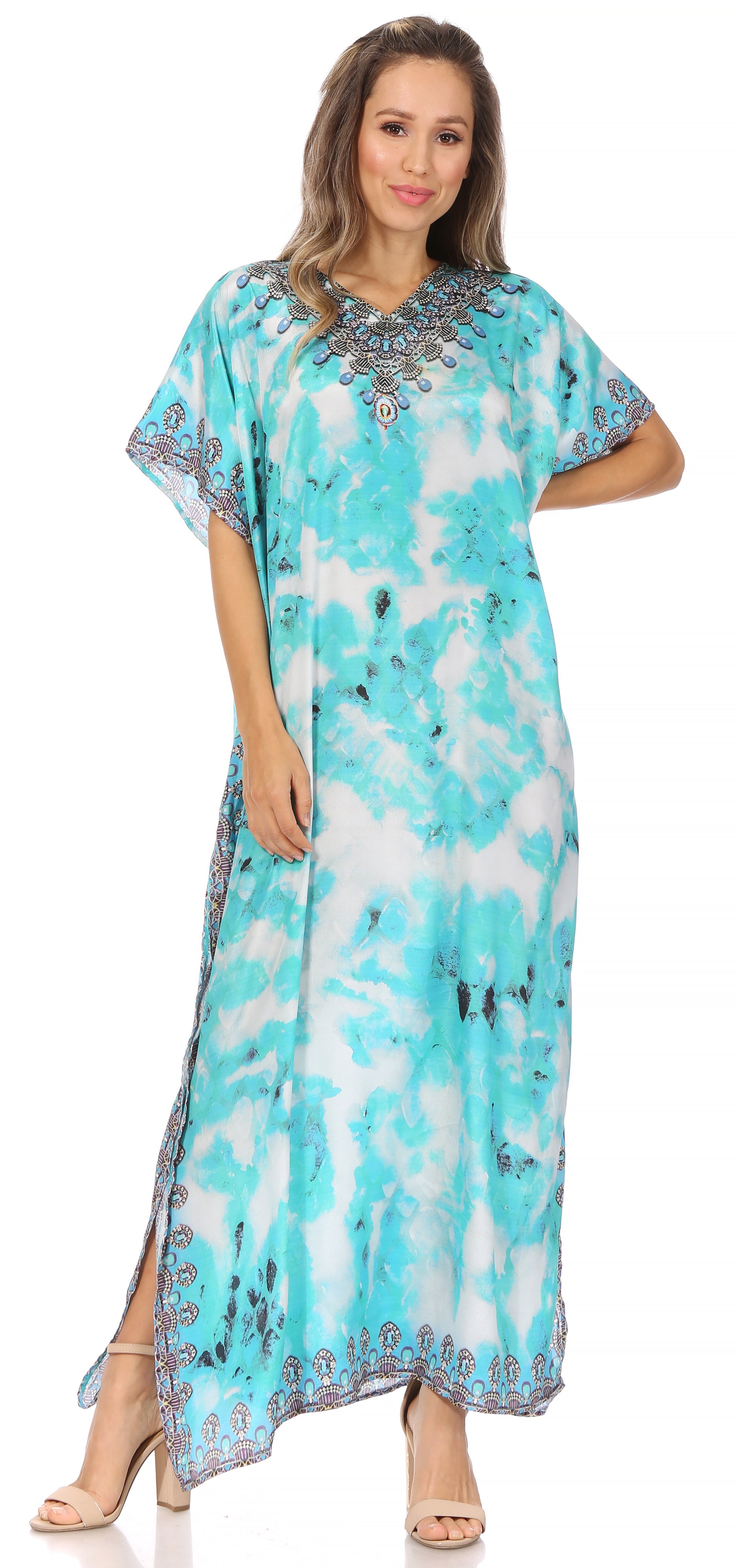 Vicky Women's Casual Short Sleeve Petite Beach Maxi Caftan Dress