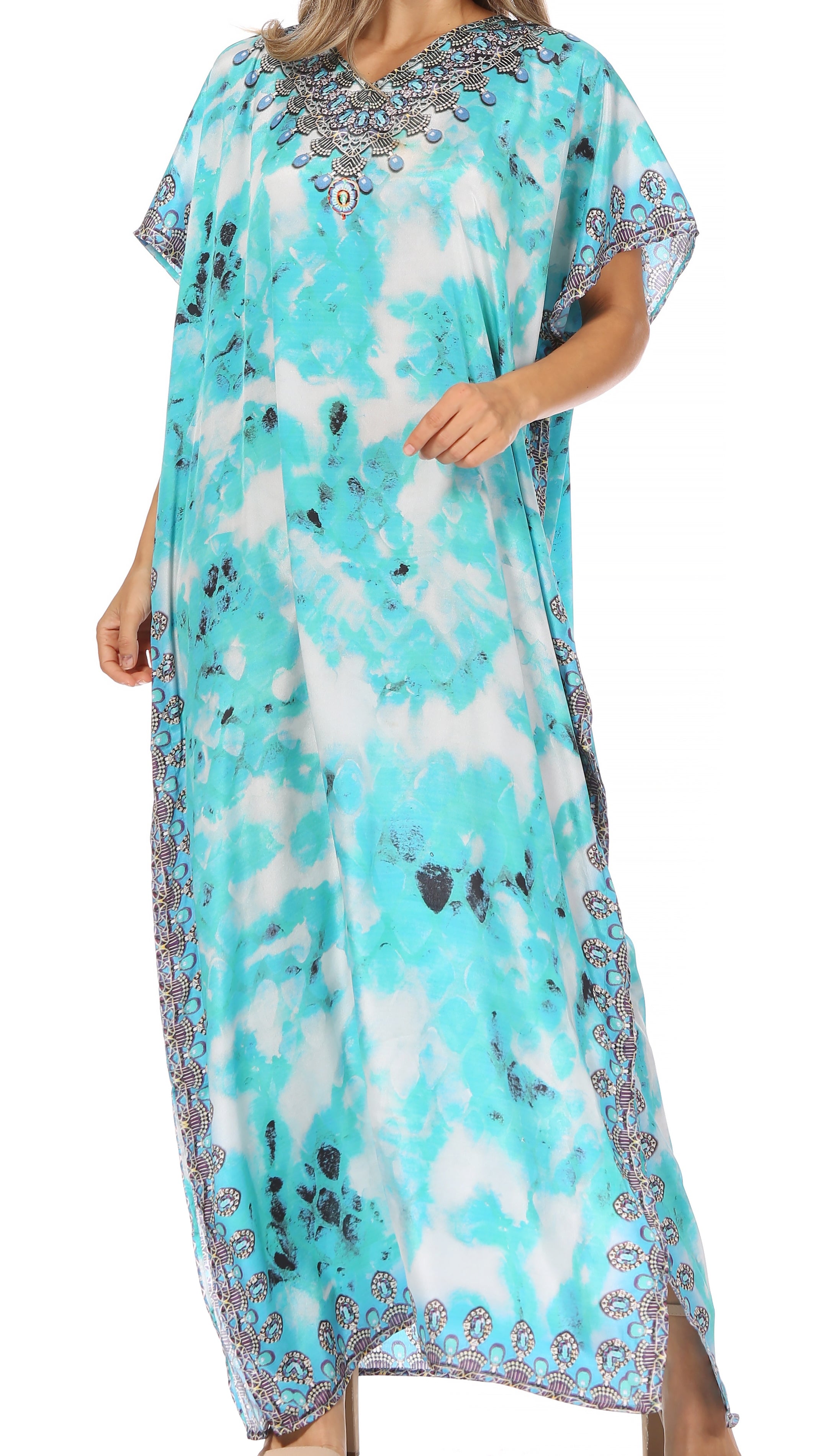 Vicky Women's Casual Short Sleeve Petite Beach Maxi Caftan Dress