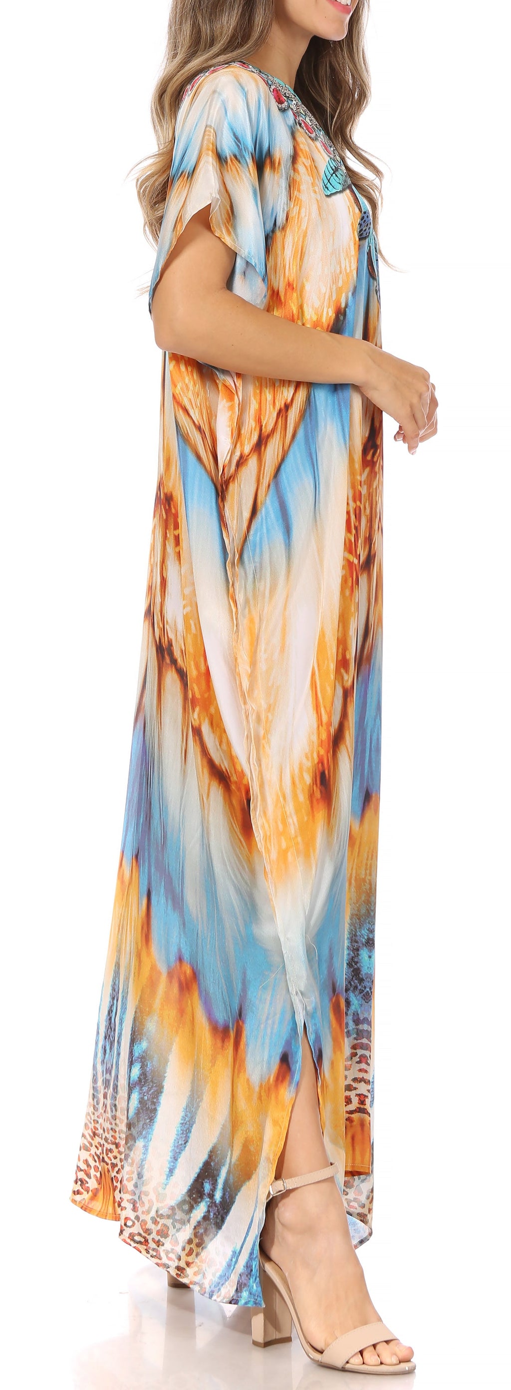 Vicky Women's Casual Short Sleeve Petite Beach Maxi Caftan Dress