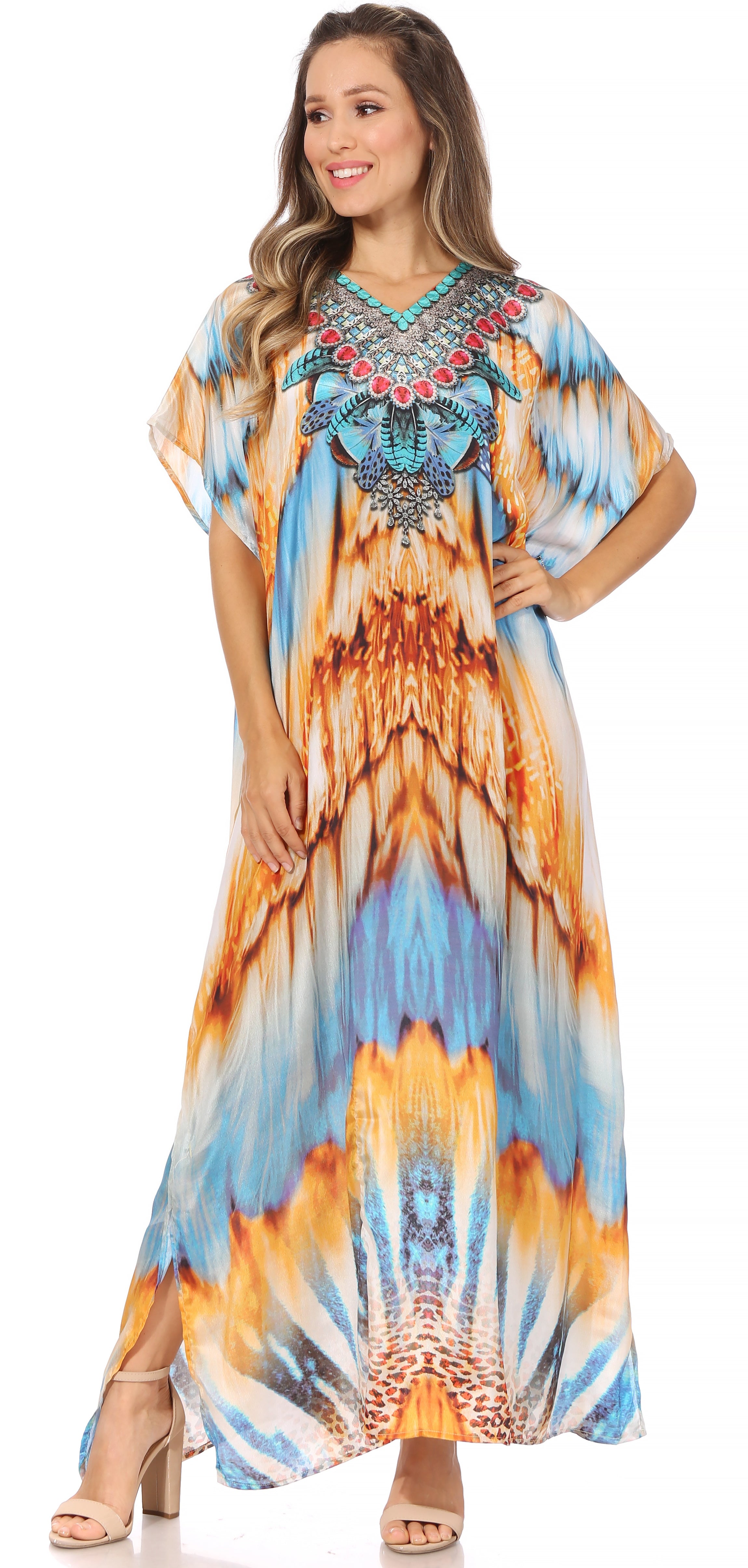 Vicky Women's Casual Short Sleeve Petite Beach Maxi Caftan Dress