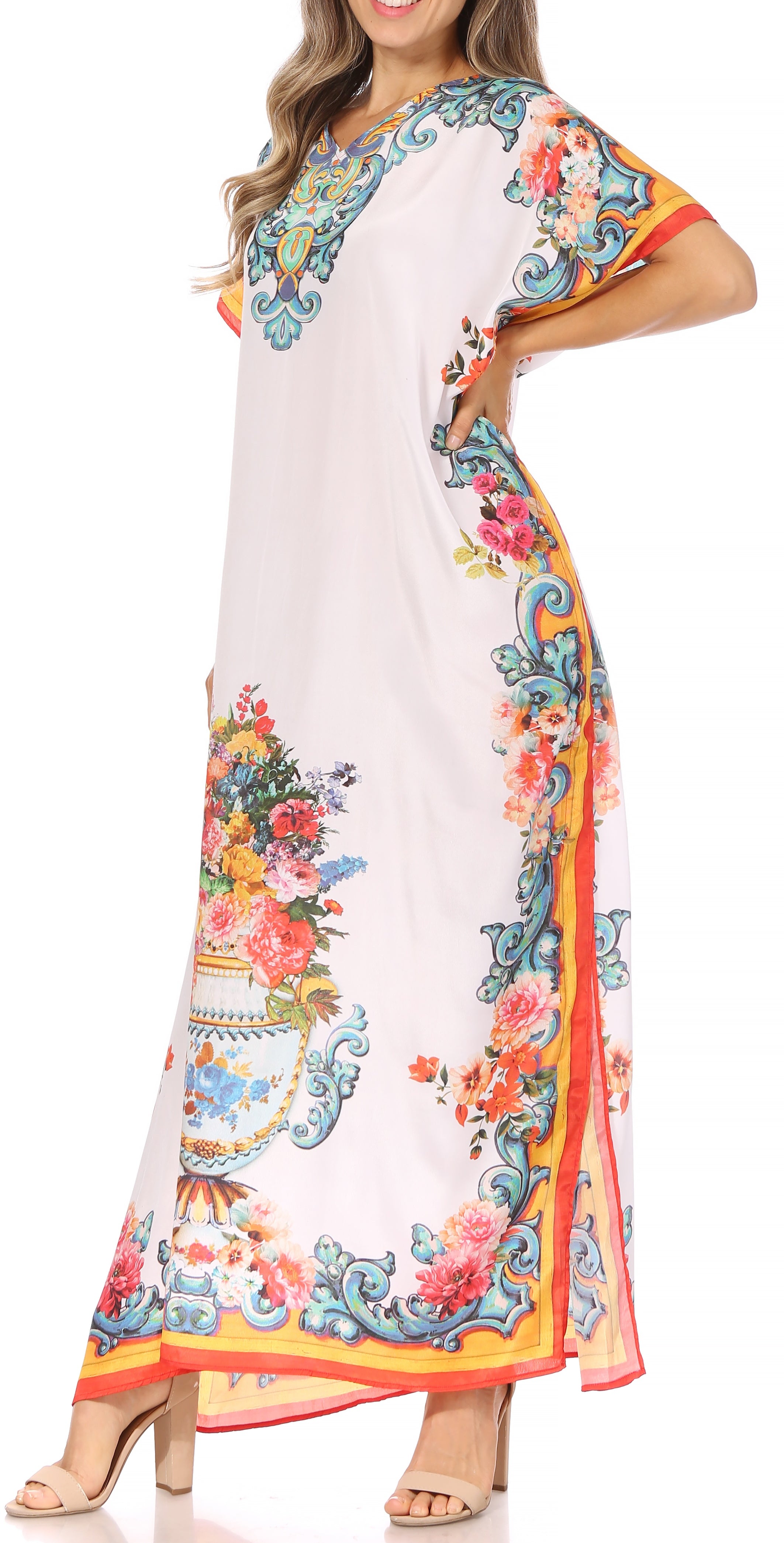 Vicky Women's Casual Short Sleeve Petite Beach Maxi Caftan Dress
