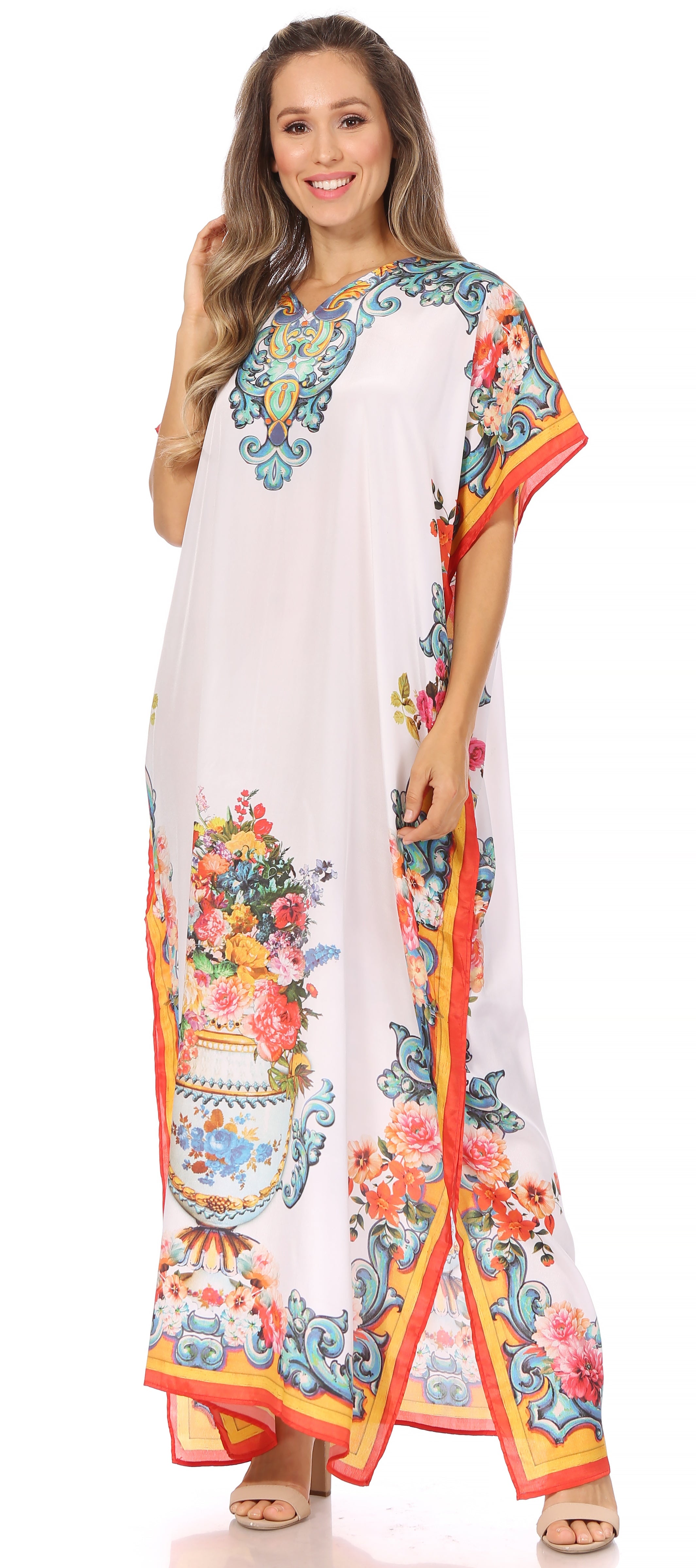 Vicky Women's Casual Short Sleeve Petite Beach Maxi Caftan Dress