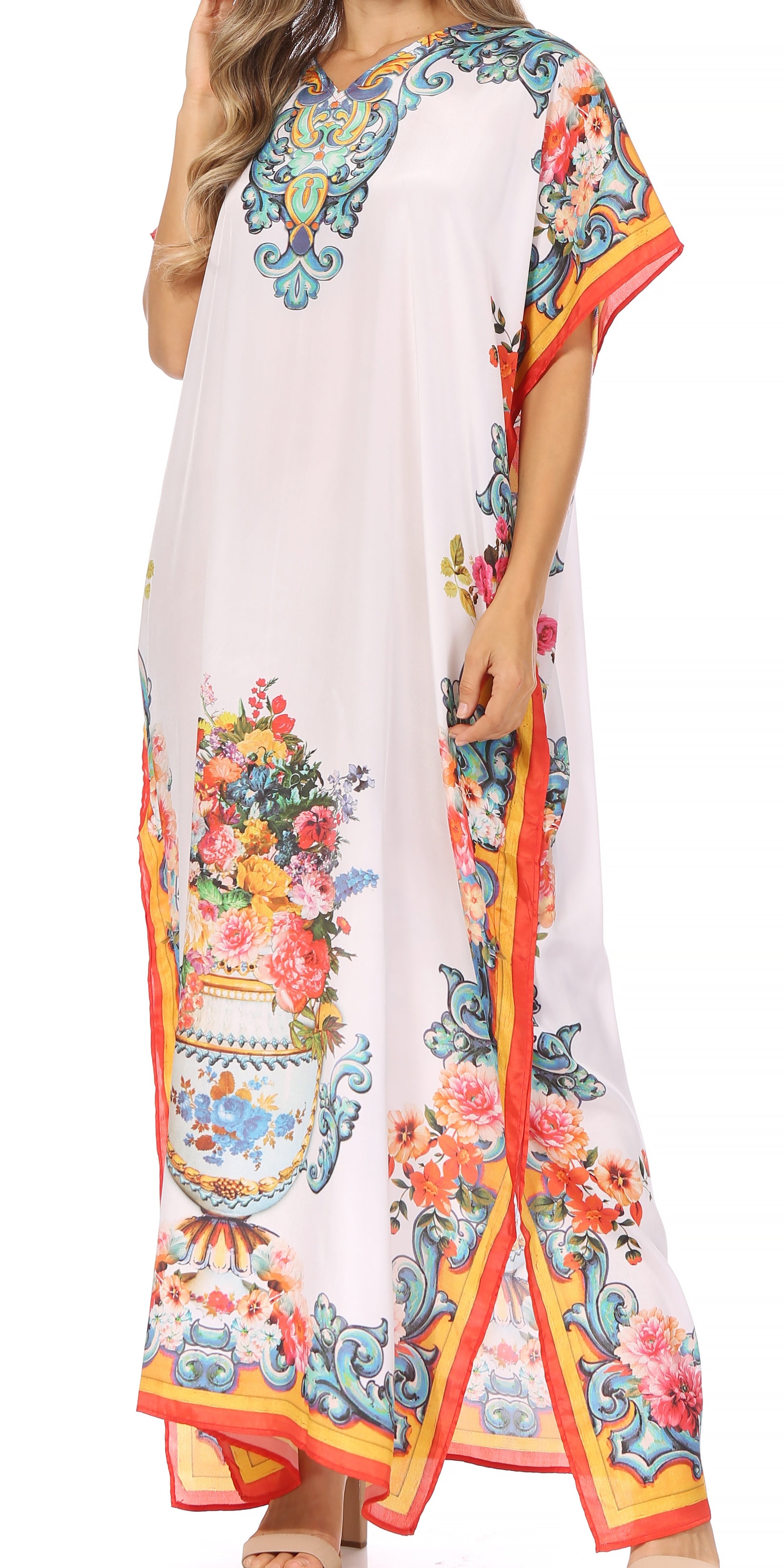 Vicky Women's Casual Short Sleeve Petite Beach Maxi Caftan Dress