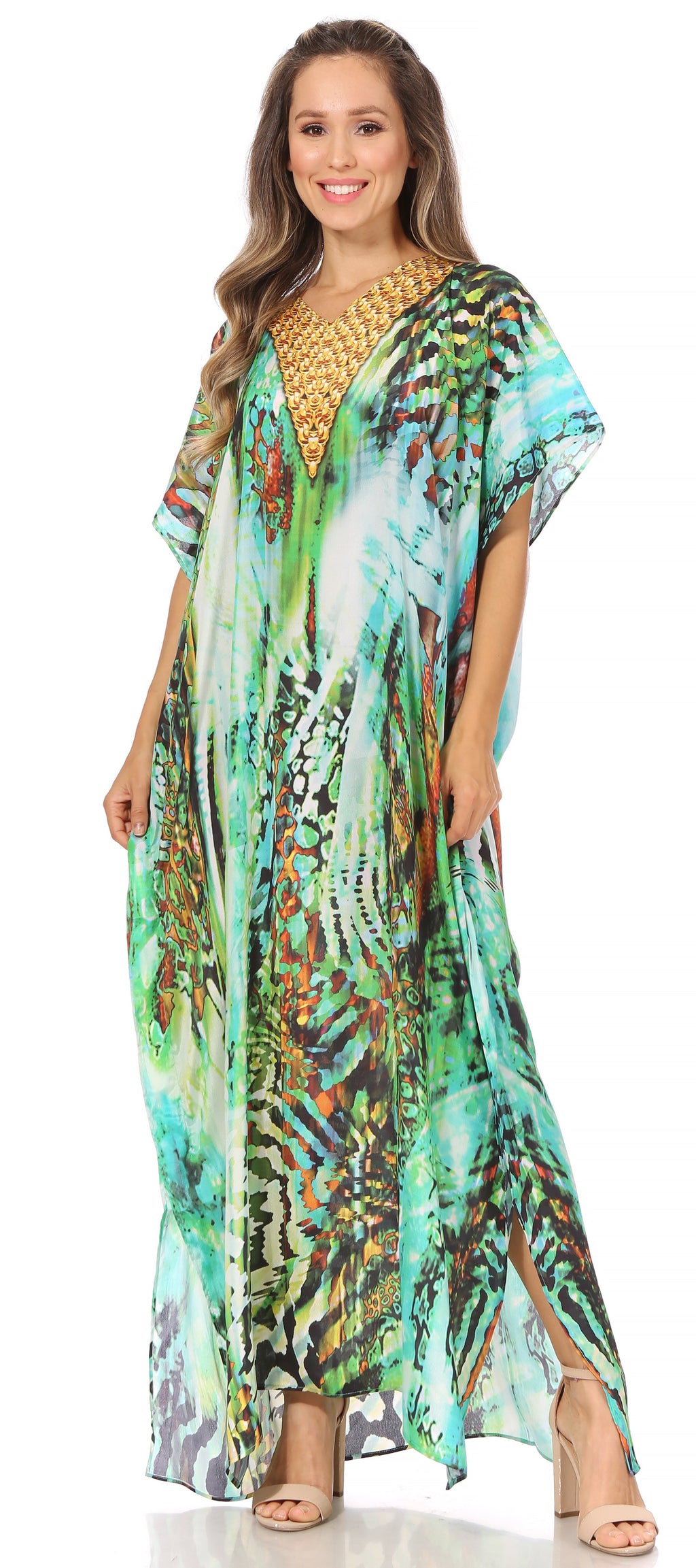 Vicky Women's Casual Short Sleeve Petite Beach Maxi Caftan Dress