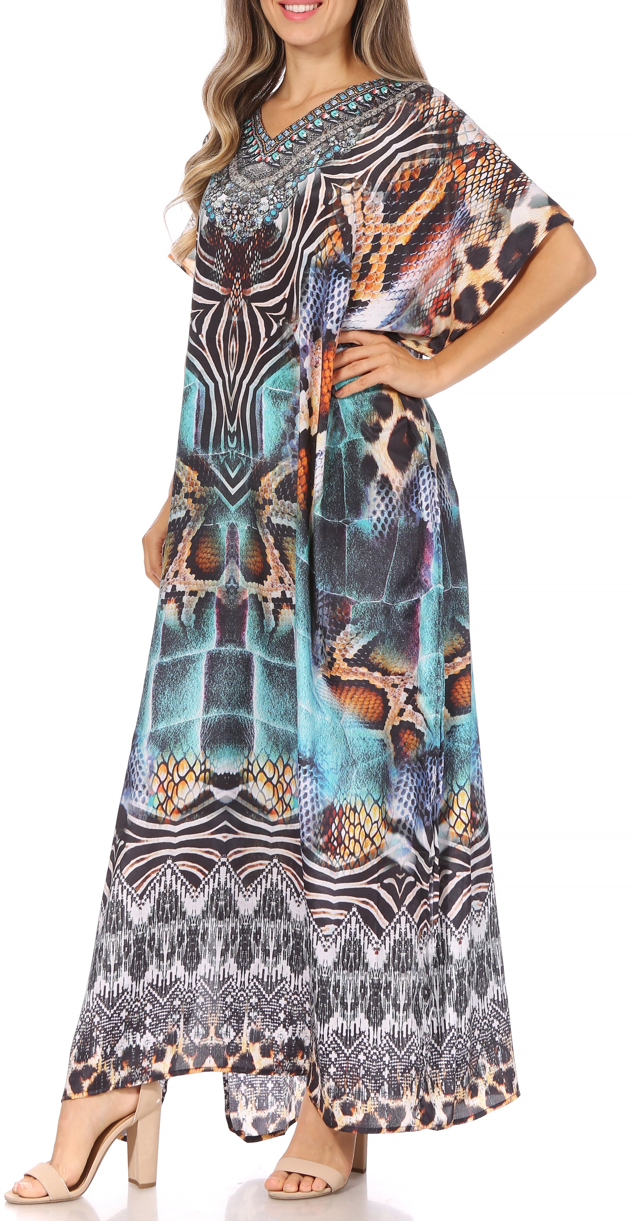 Vicky Women's Casual Short Sleeve Petite Beach Maxi Caftan Dress
