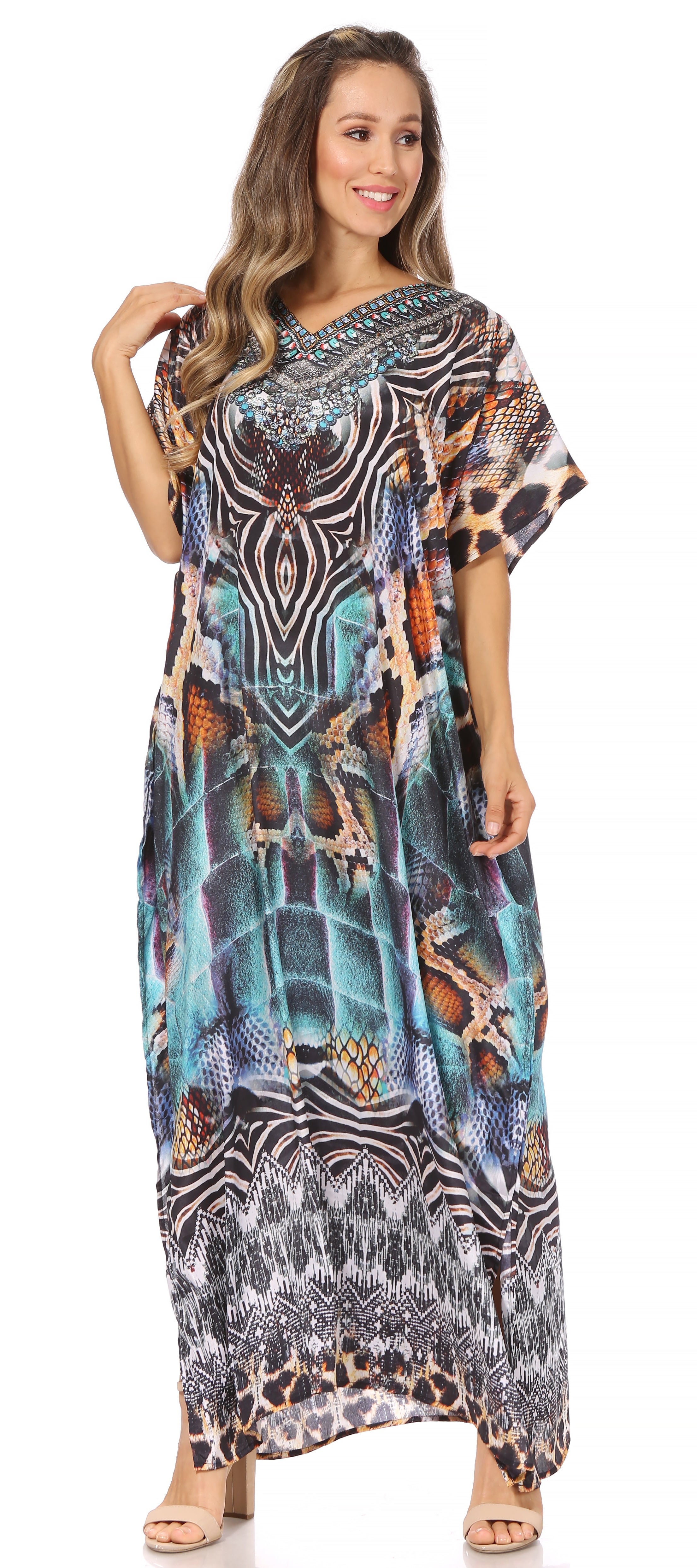 Vicky Women's Casual Short Sleeve Petite Beach Maxi Caftan Dress