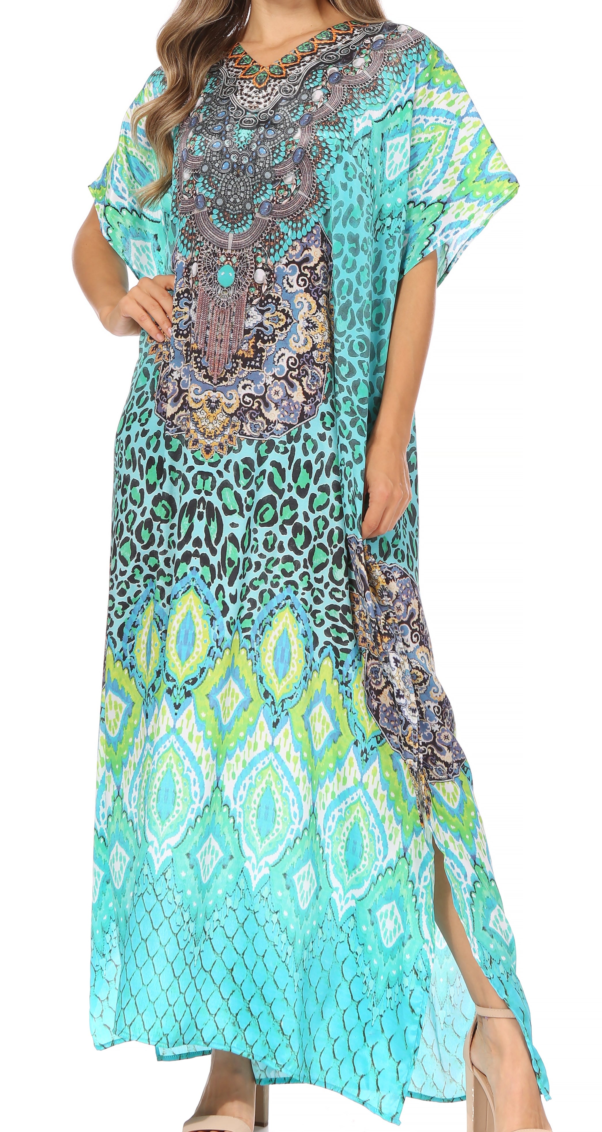 Vicky Women's Casual Short Sleeve Petite Beach Maxi Caftan Dress