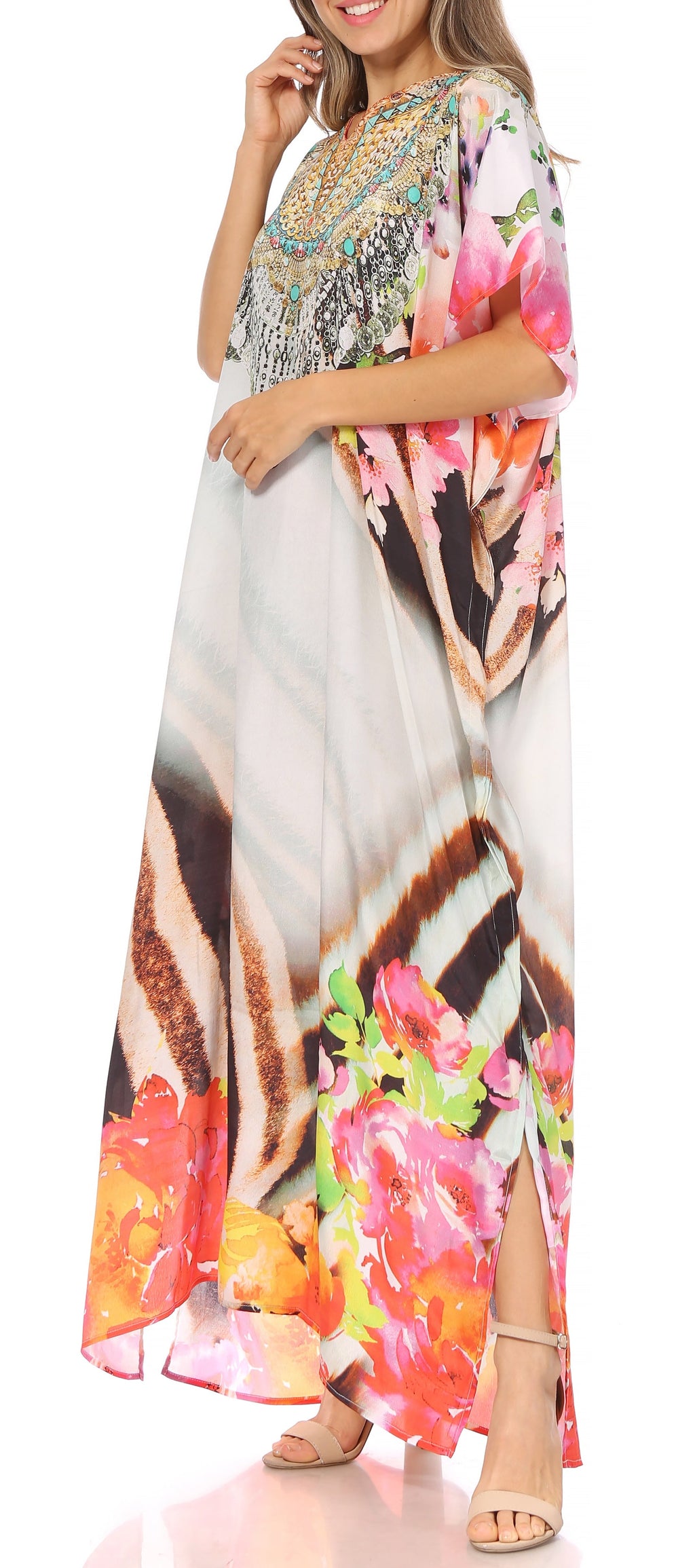 Vicky Women's Casual Short Sleeve Petite Beach Maxi Caftan Dress